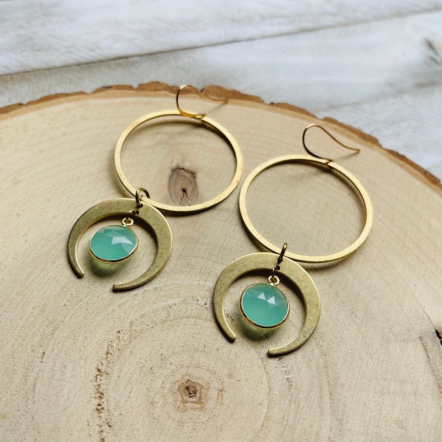Aqua Chalcedony Moon Hoop Earrings