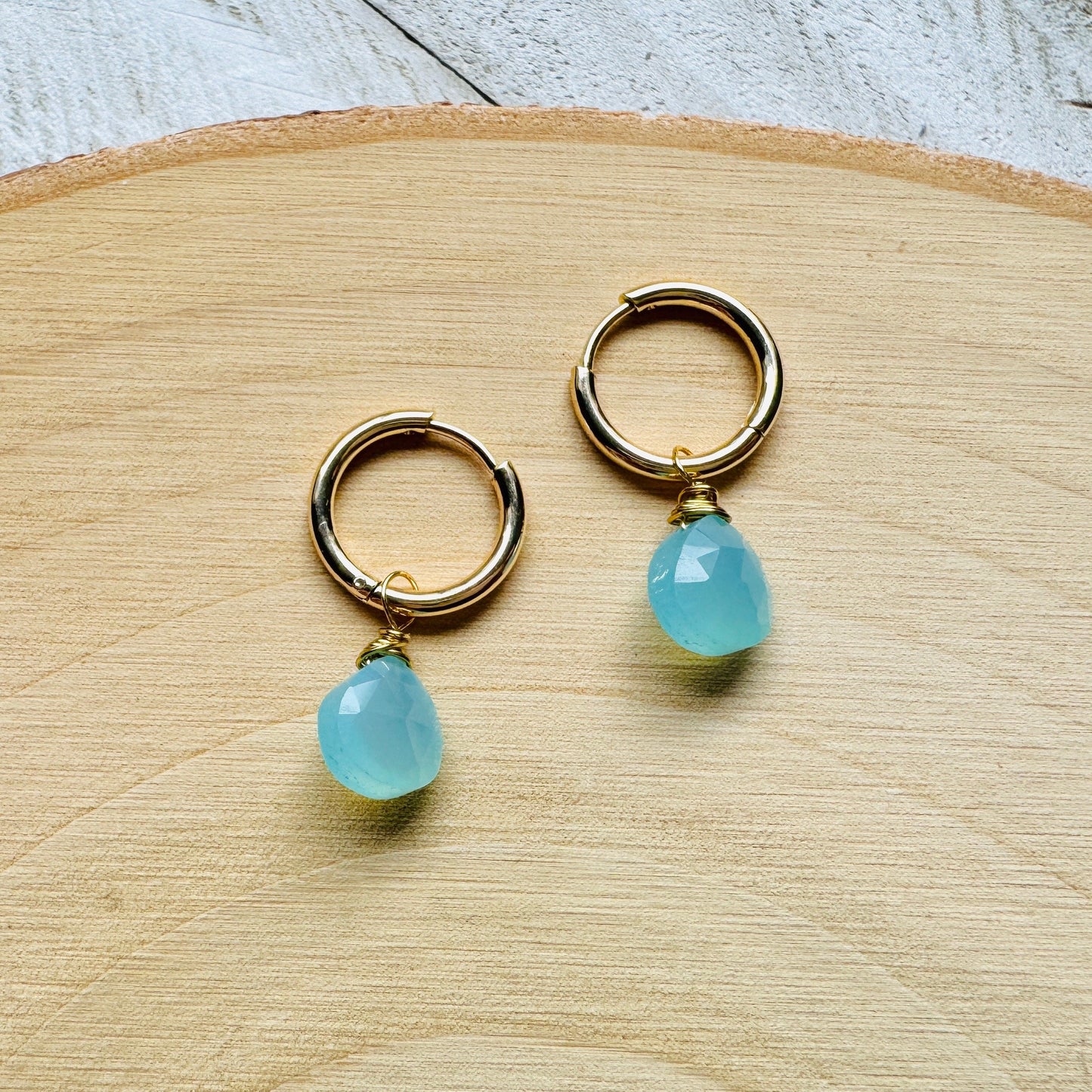 Aqua Chalcedony Huggie Hoop Earrings