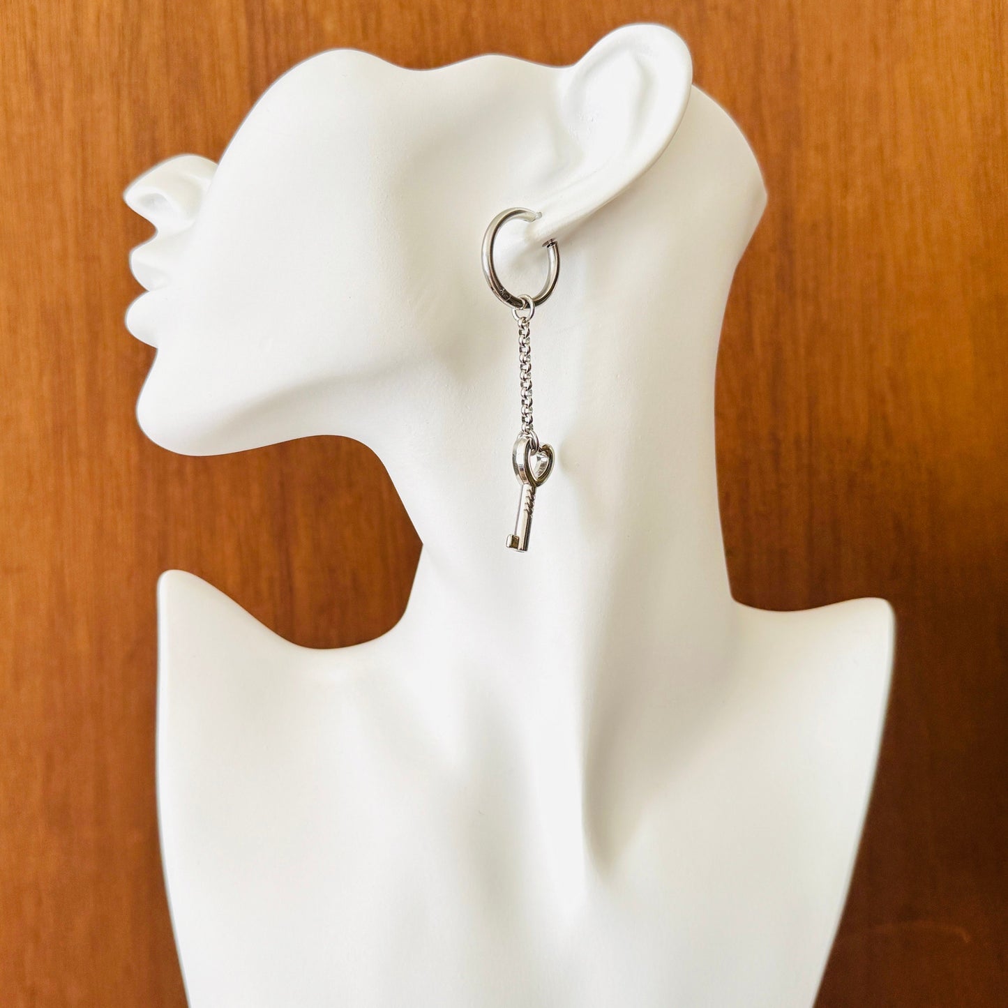 Silver Heart Key Huggie Hoop Earrings