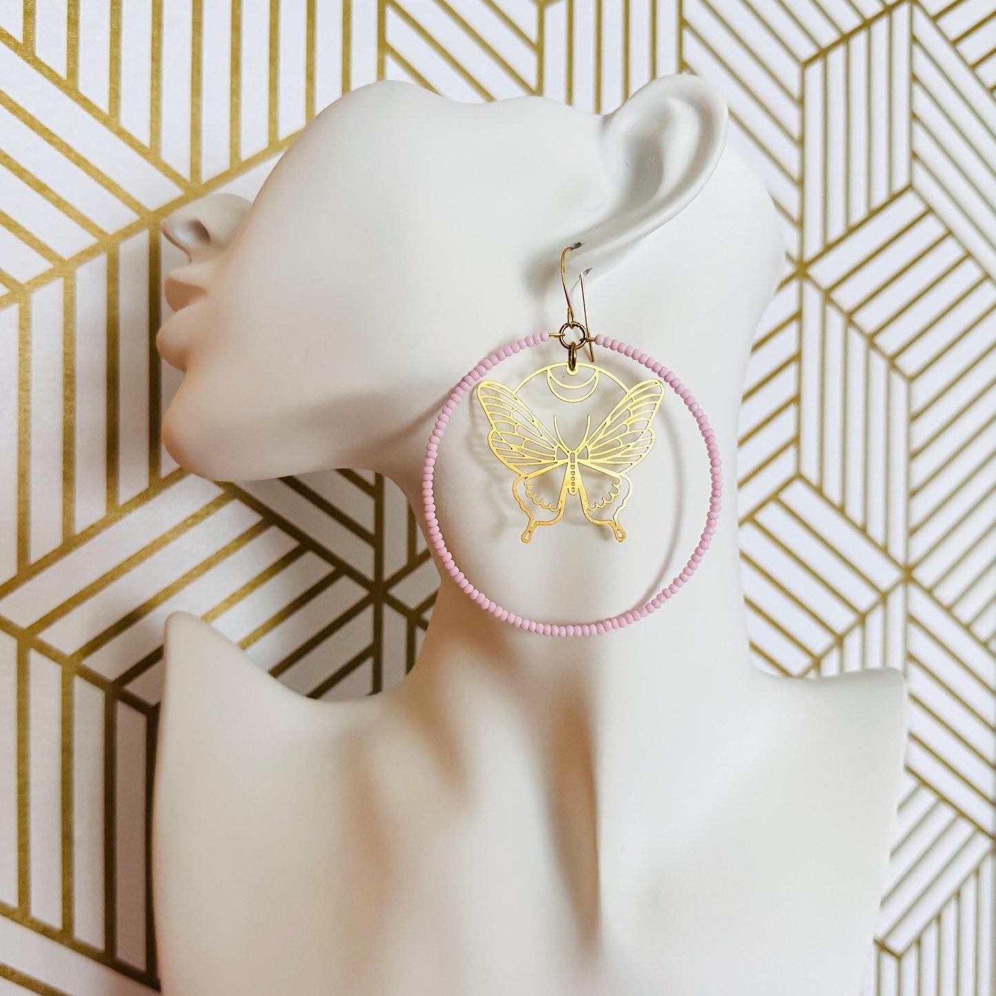 Seed Bead Butterfly Hoop Earrings