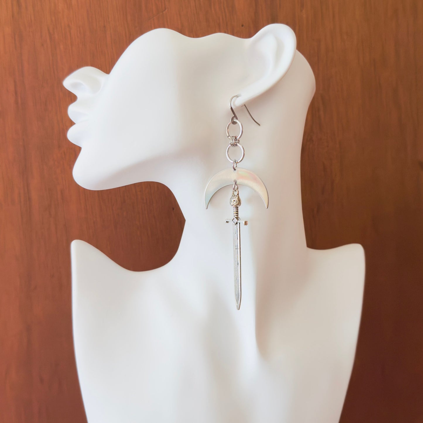 Silver Sword Moon Earrings