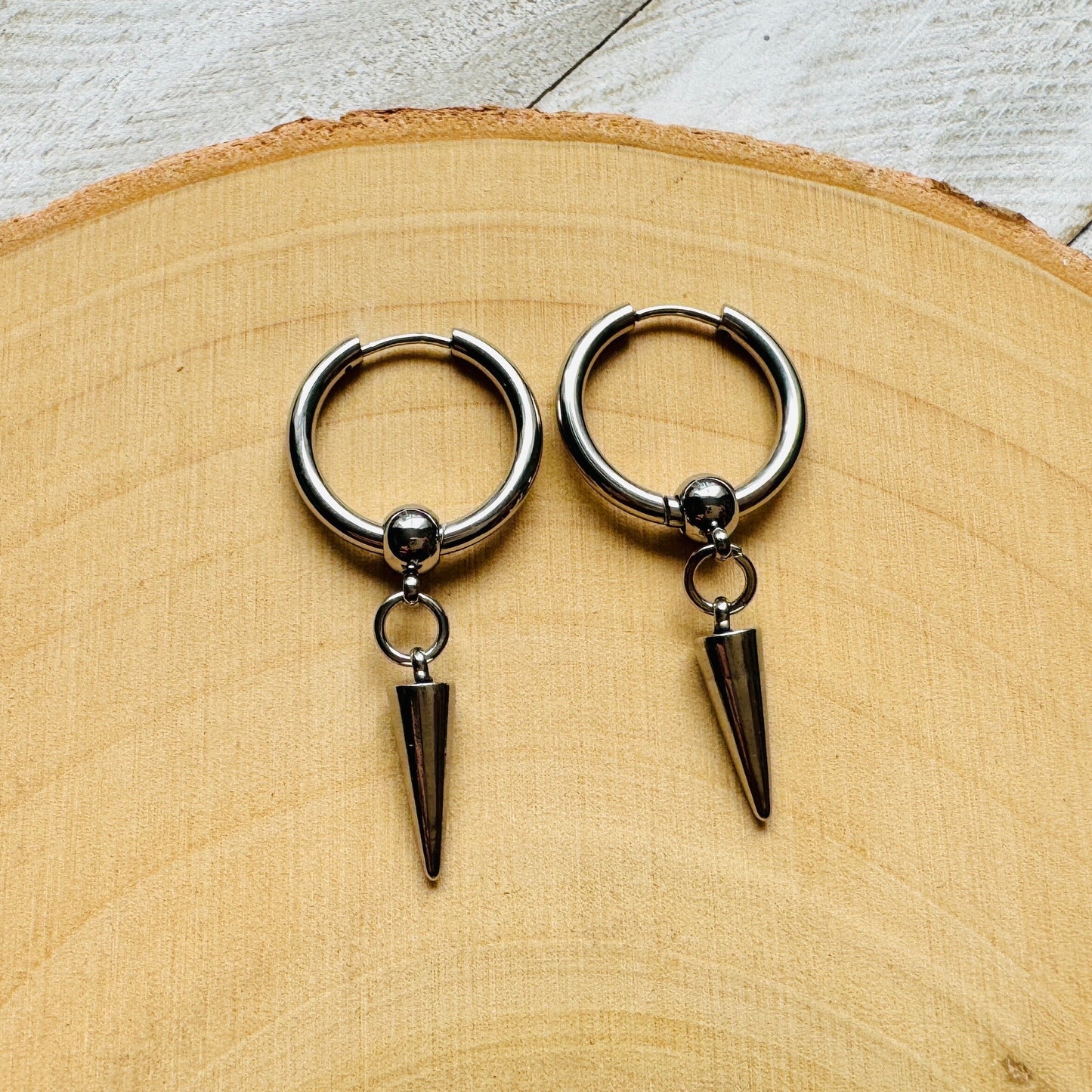 Silver Huggie Hoop Spike Earrings