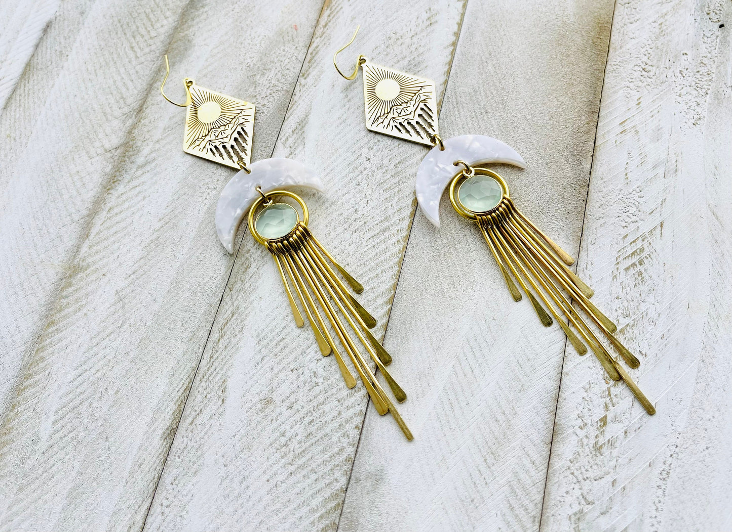 Aqua Chalcedony Moon Mountain Fringe Earrings