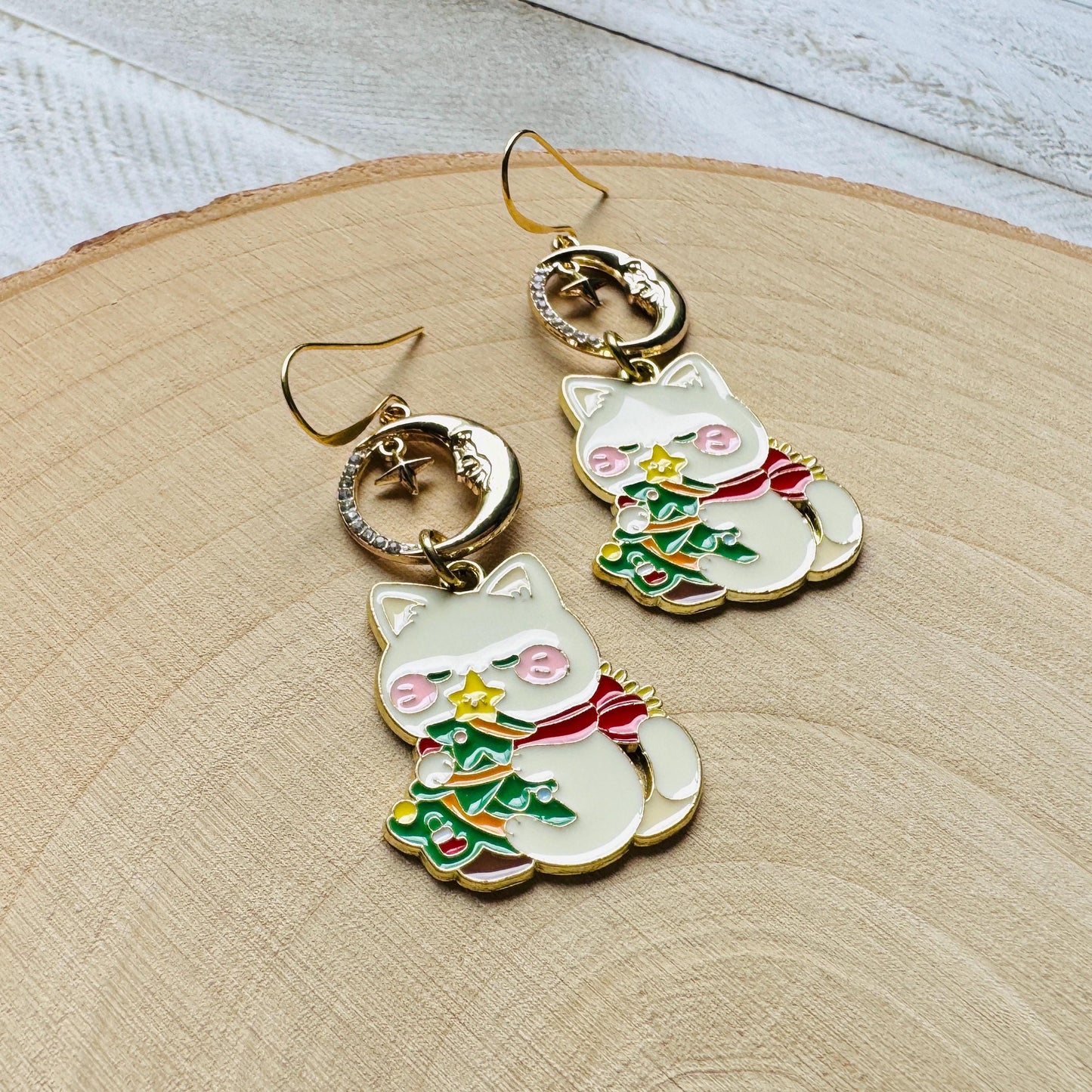Christmas Cat Moon Earrings