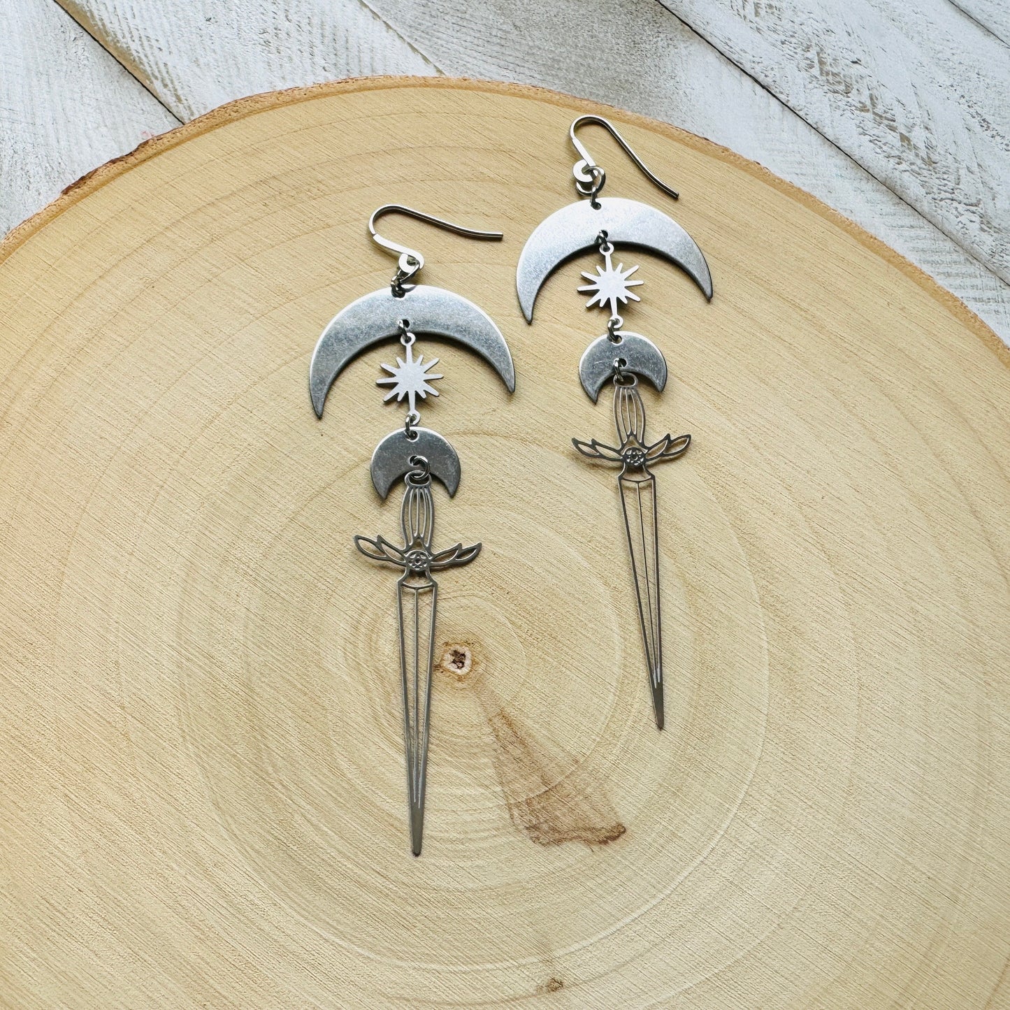 Silver Sword Moon Earrings