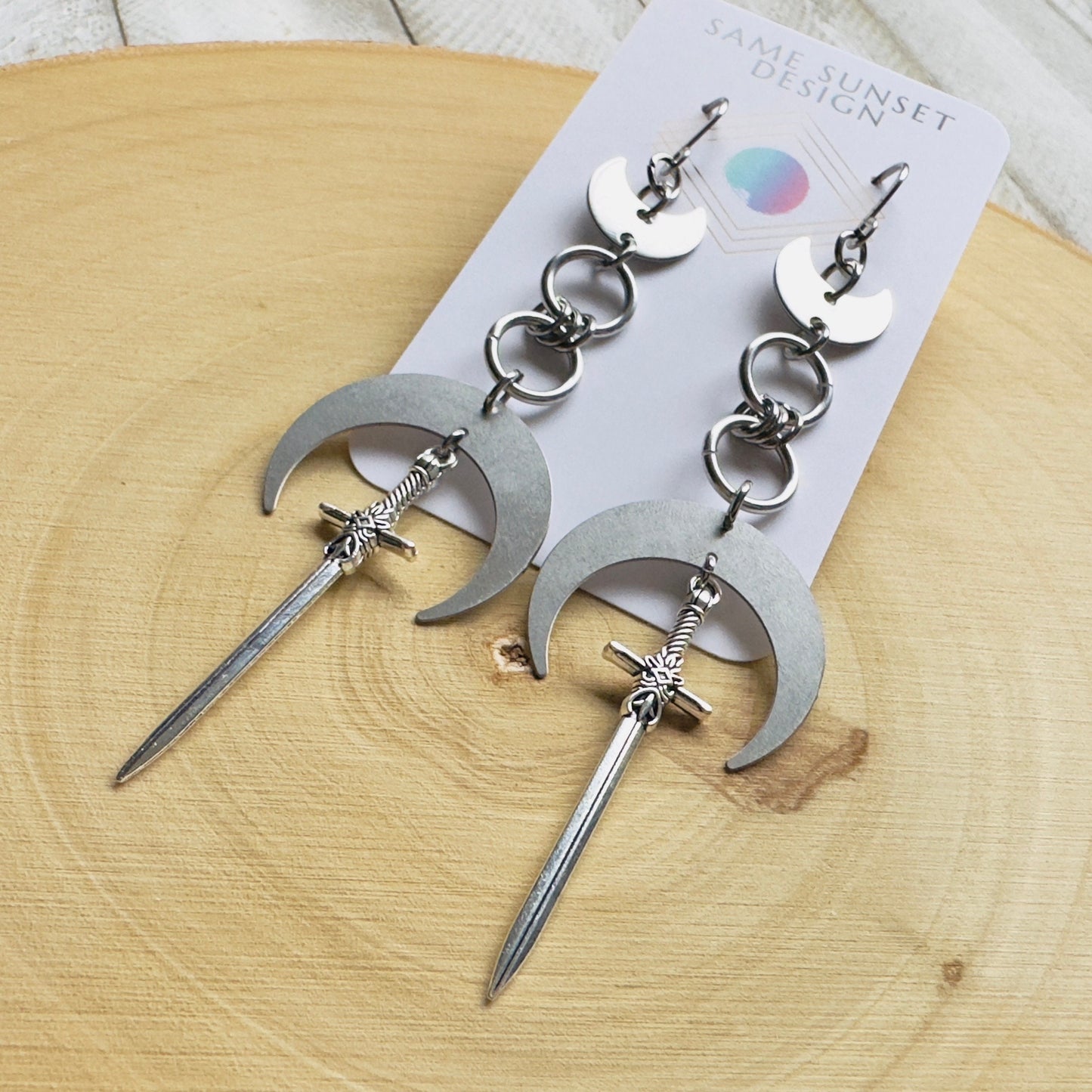 Silver Sword Moon Earrings