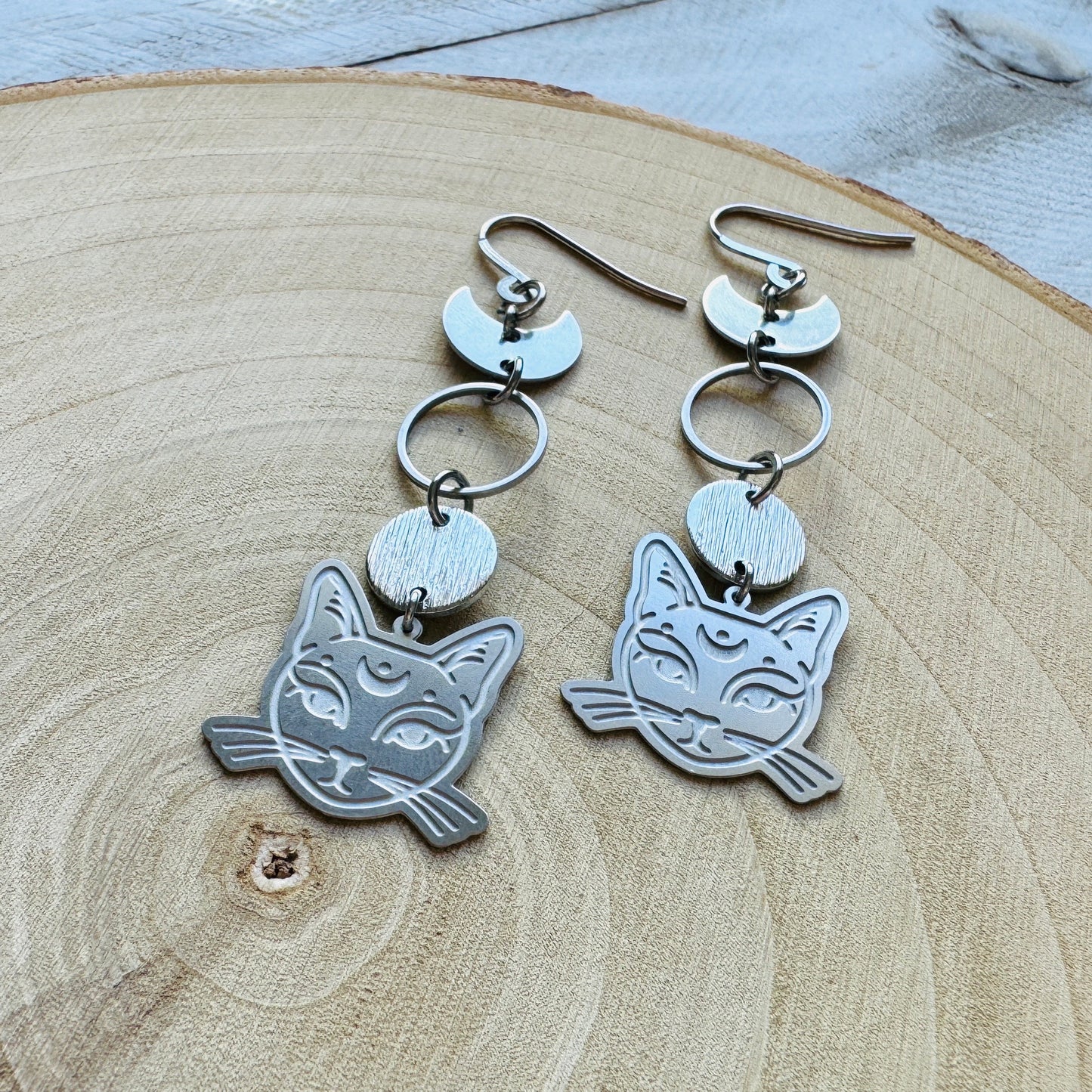 Silver Cat Moon Earrings