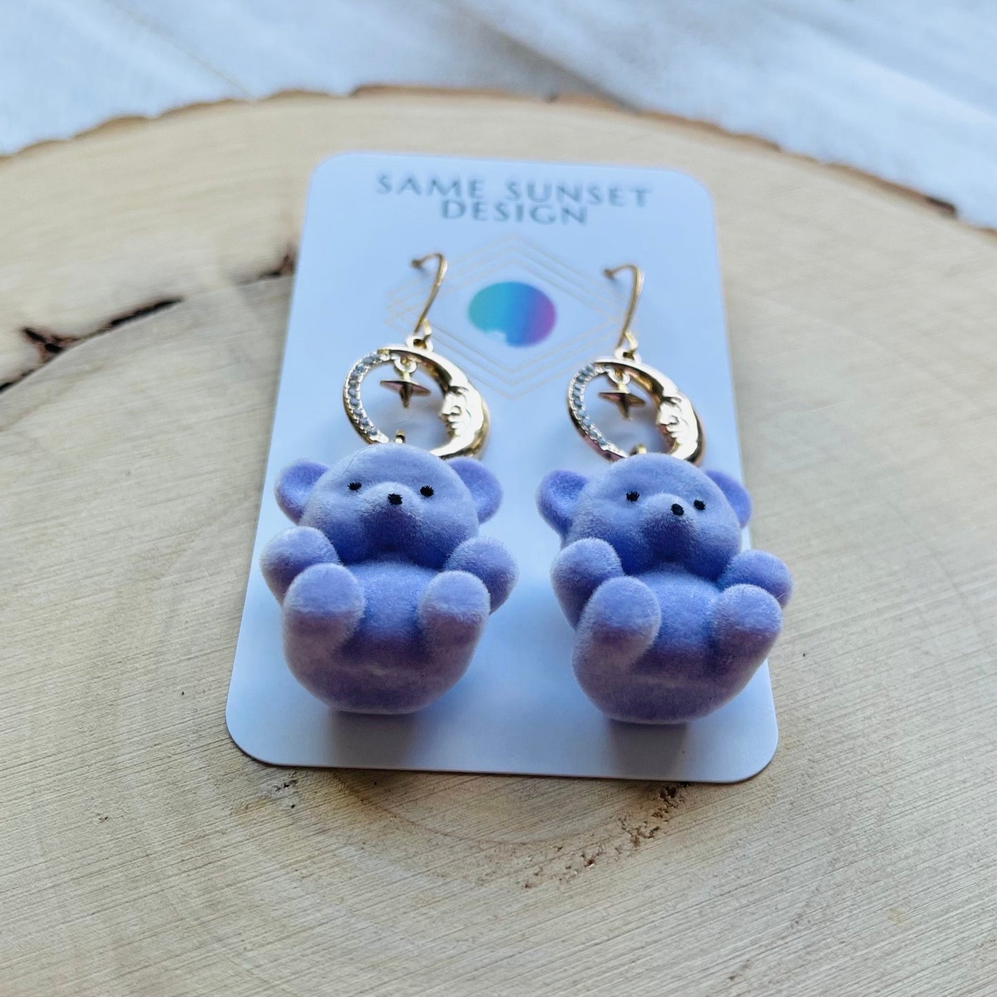 Purple Teddy Bear Moon Earrings