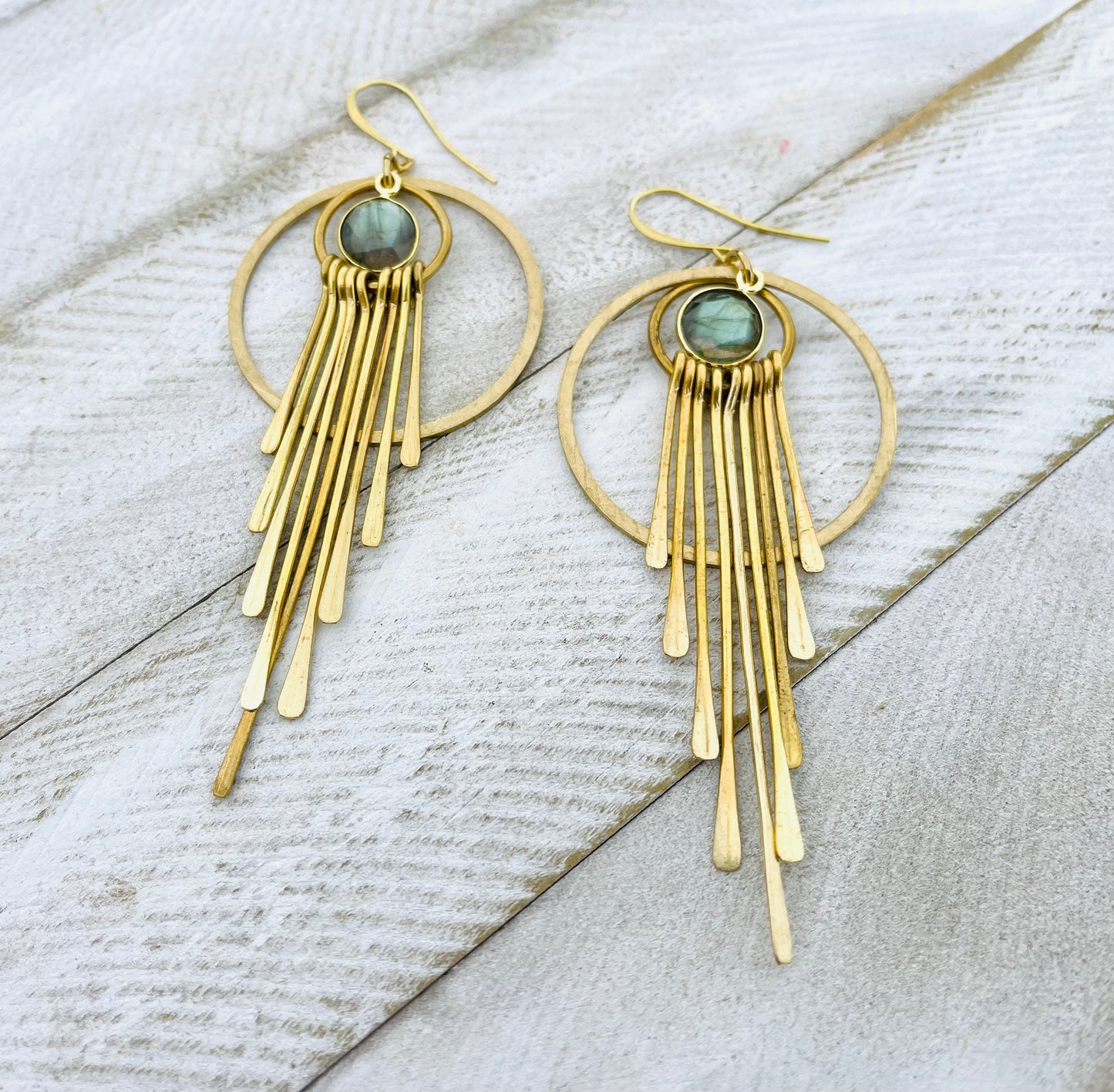 Labradorite Hoop Earrings, Fringe Earrings, Brass Hoop Earrings, Witchy Jewelry for Women, Birthday Gift for Daughter, Best Gift for Mom