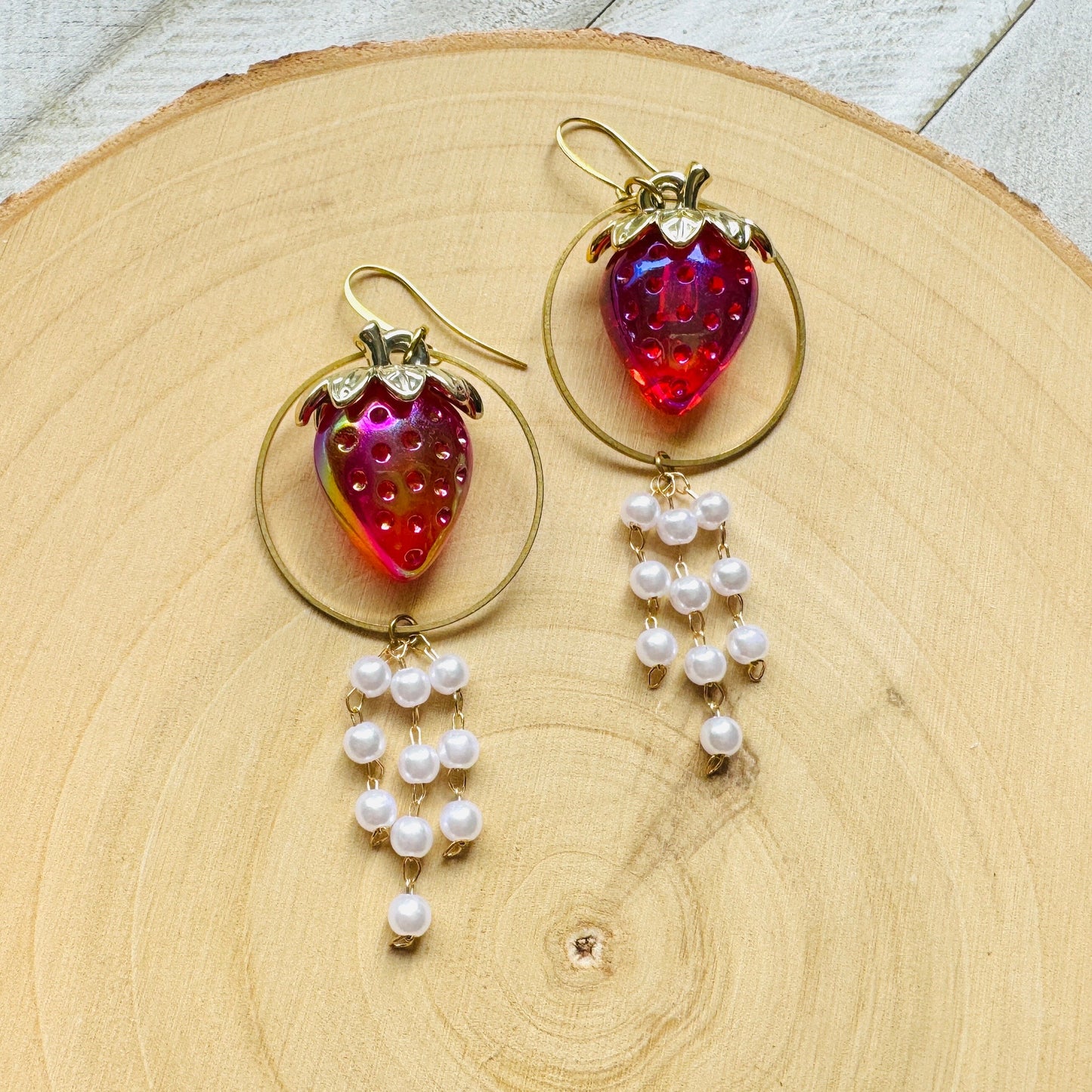 Strawberry Earrings Dangle, Pearl Earrings, Cottagecore Earrings, Witchy Gifts, Kawaii Earrings, Whimsical Earrings, Nerdy Gifts for Women