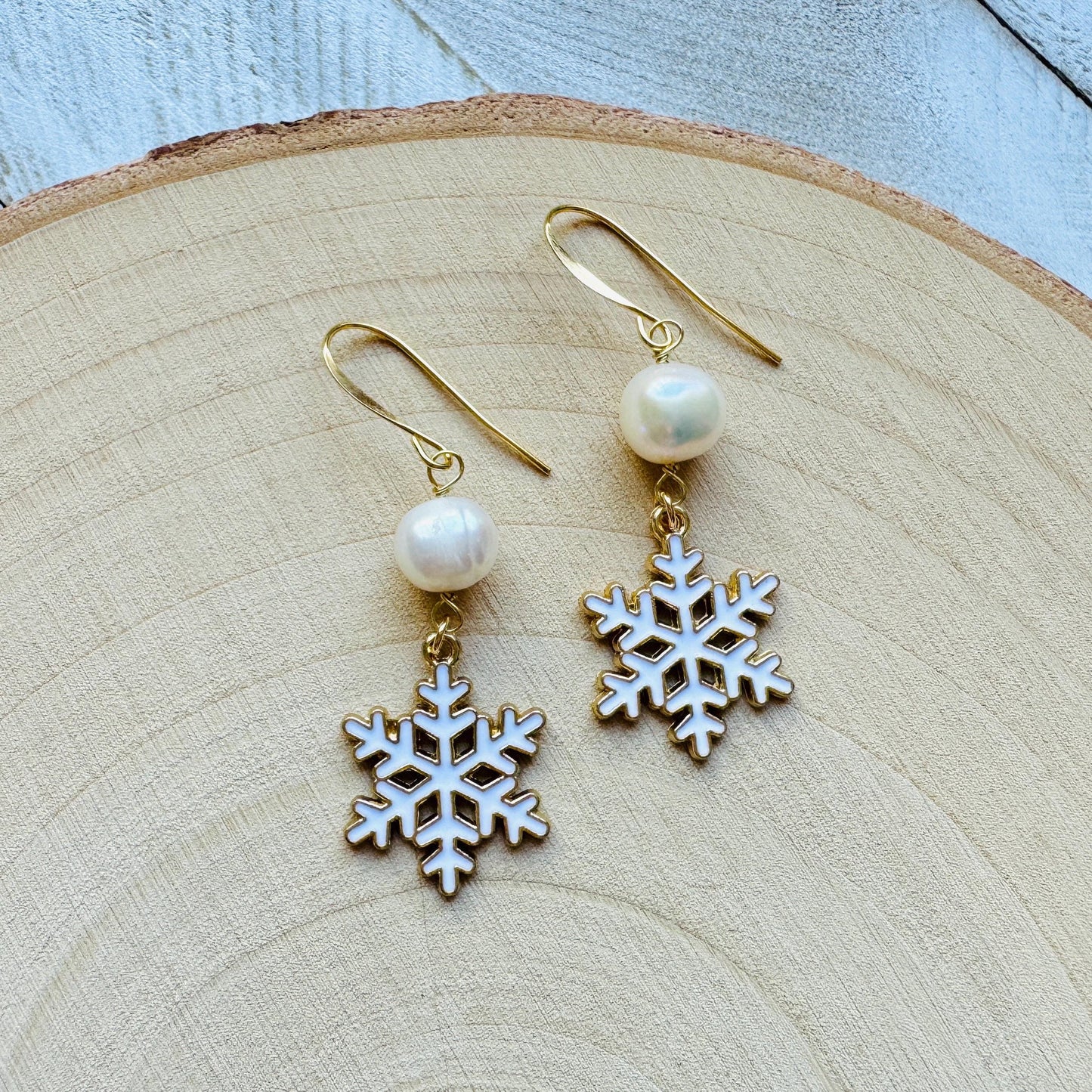 Snowflake Earrings, Pearl Earrings, Boho Earrings, Nature Lover Gift, Best Friend Birthday Gift, Stocking Stuffers for Mom, Teen Girl Gifts