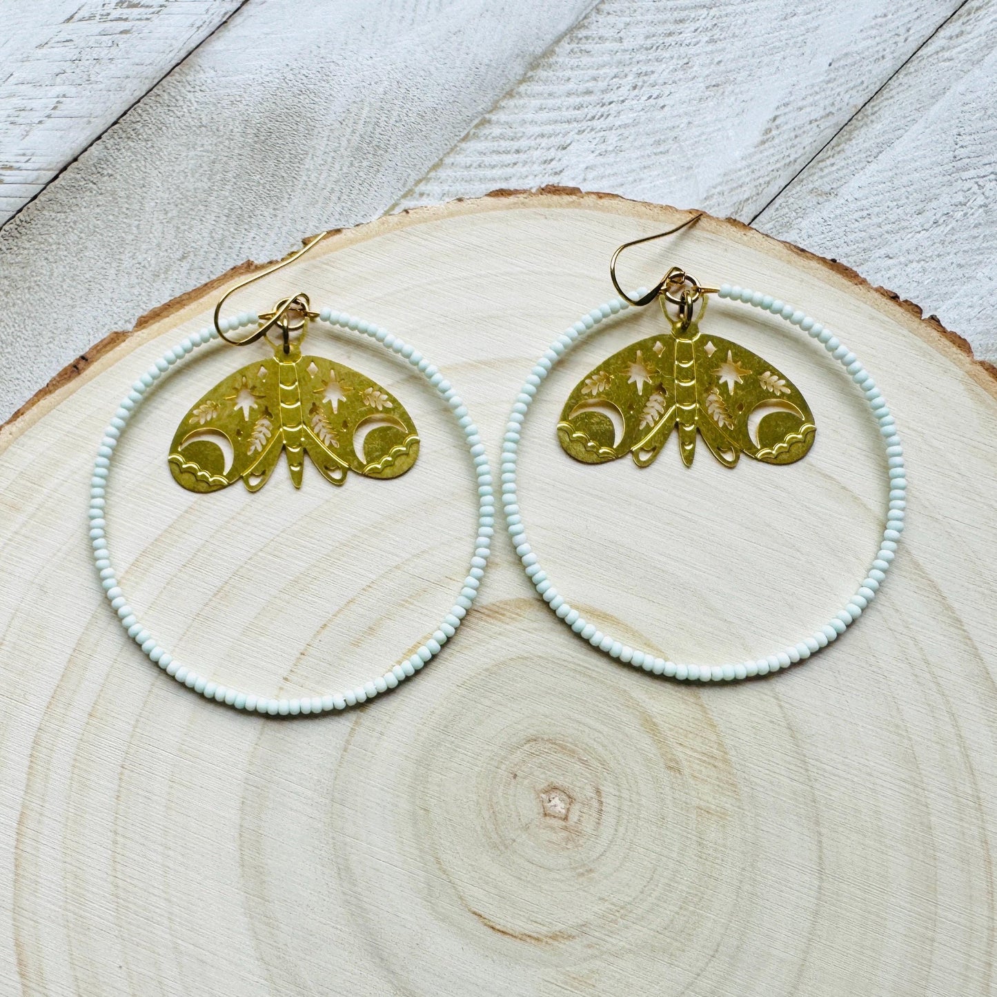 Moth Earrings, Seed Bead Hoop Earrings, Celestial Earrings Gold, Boho Earrings, Birthday Gift for Wife, Easter Basket Stuffers for Women