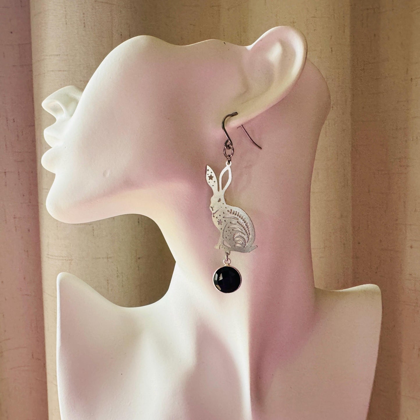 Bunny Earrings, Rabbits, Onyx Earrings, Gothic Earrings for Women, Punk Jewelry, Cottagecore Earrings, Easter Basket Stuffers for Tween
