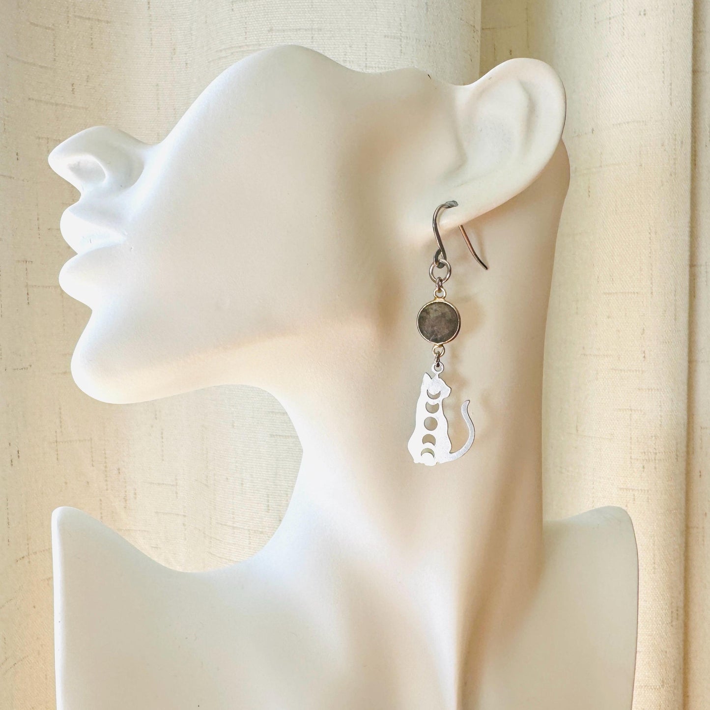 Cat Earrings, Labradorite Earrings, Moon Jewelry, Best Gifts for Aunt, Mothers Day Gift from Daughter, Easter Basket Stuffers for Tween
