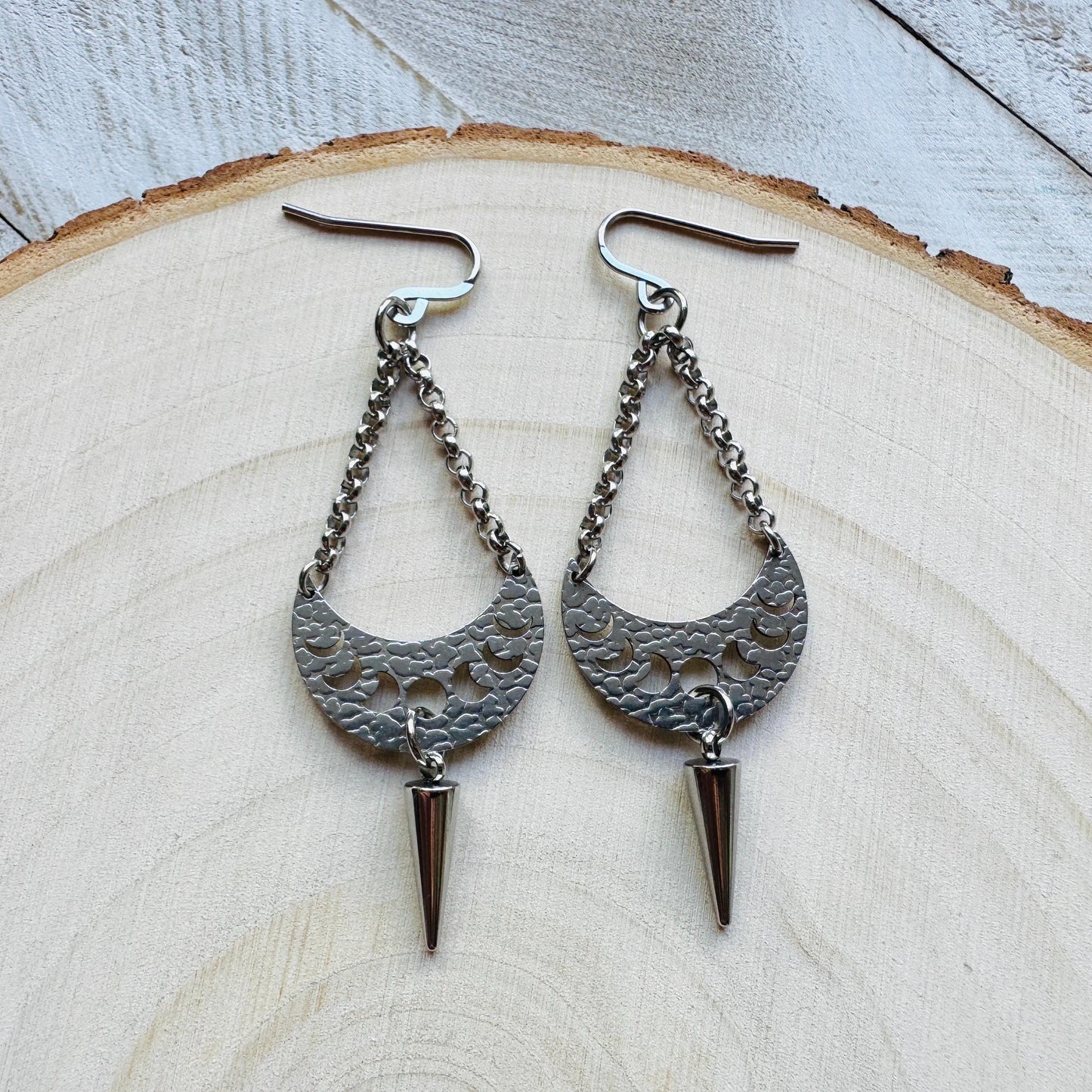 Spike Earrings, Moon Phase Earrings, Silver Earrings, Punk Jewelry, Gothic Earrings Men, Unique Birthday Gift for Mom, Teacher Gift