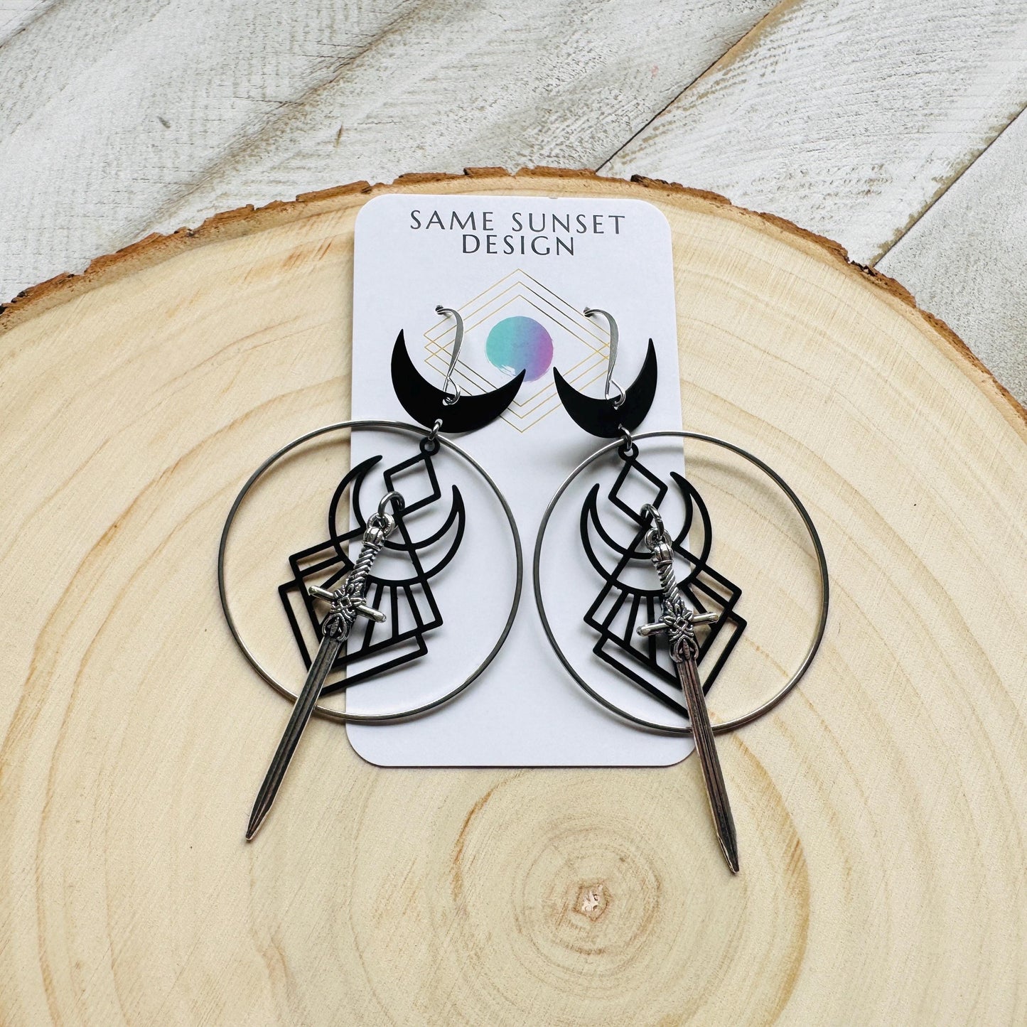 Sword Earrings, Crescent Moon Earrings Silver, Halloween Spooky Earrings, Witchy Gifts for Women Aesthetic, Birthday Present For Her