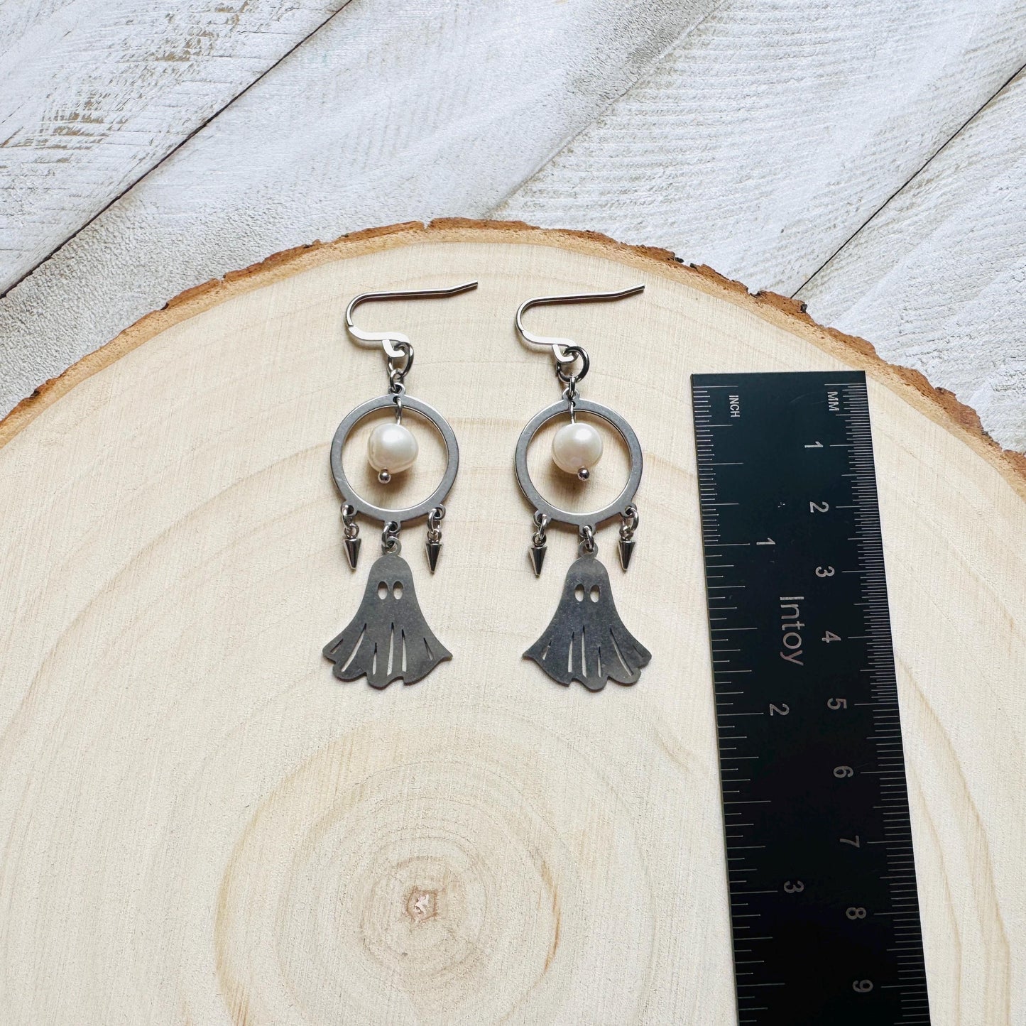 Ghost Earrings, Pearl Earrings Dangle, Spike Earrings, Unique Halloween Gifts, Goth Earrings for Women, Birthday Gift for Daughter, Silver