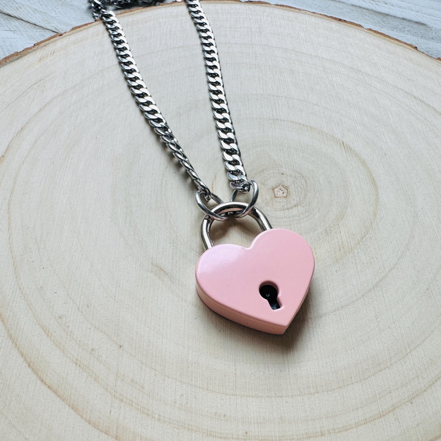 Heart Lock Necklace: Punk Goth Stainless Steel Chain, Pink