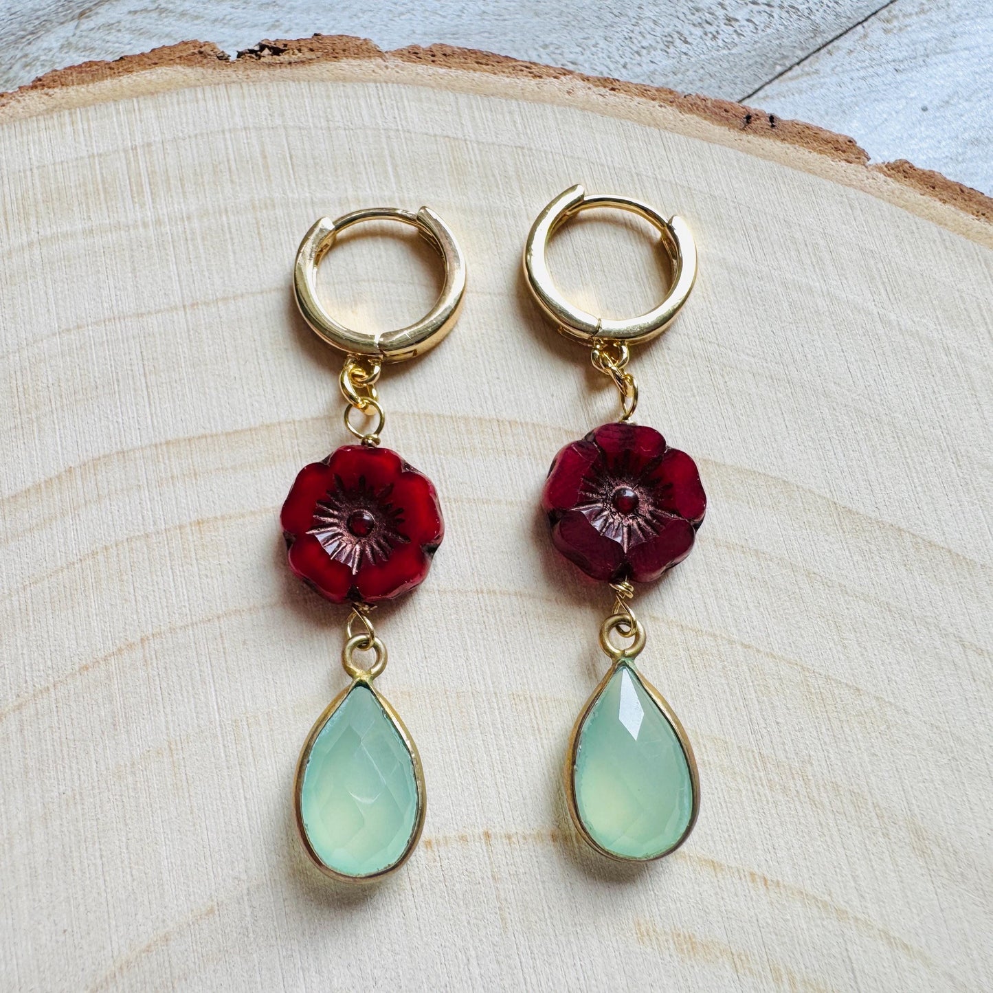 Glass Flower Earrings, Aqua Chalcedony Earrings, Huggie Hoops, Cottagecore Jewelry, Best Christmas Gifts for Women, Plant Mom Gift, Boho