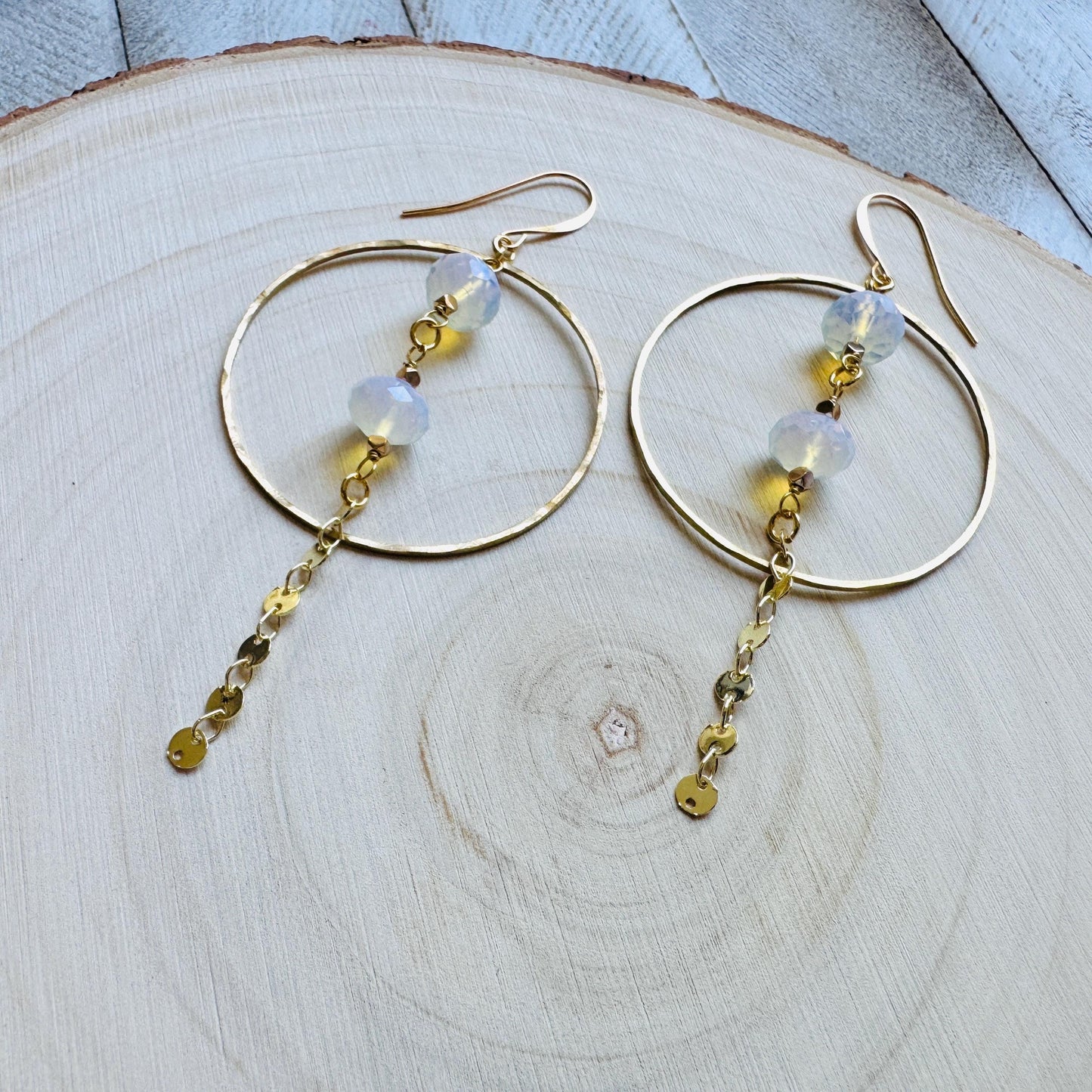Opalite Earrings, Geometric Jewelry, Brass Hoops, Brass Dangle Earrings, Boho Chic, Gold Hoop Earrings for Women, Christmas Gifts for Aunt