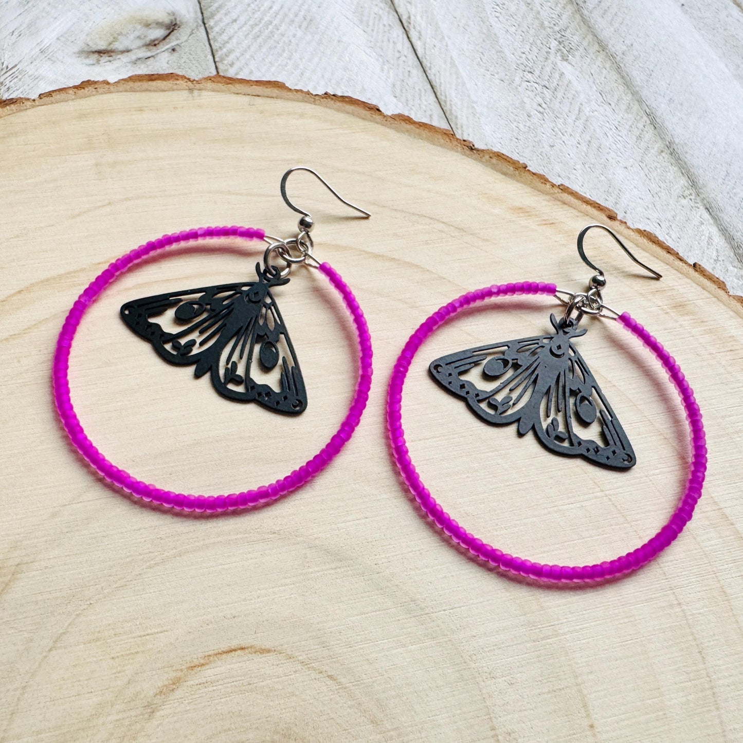 Moth Earrings, Witchy Earrings, Seed Bead Hoop Earrings, Punk Wedding, Best Friend Valentines Gift, Bug Lover Gift, Science Teacher Gift