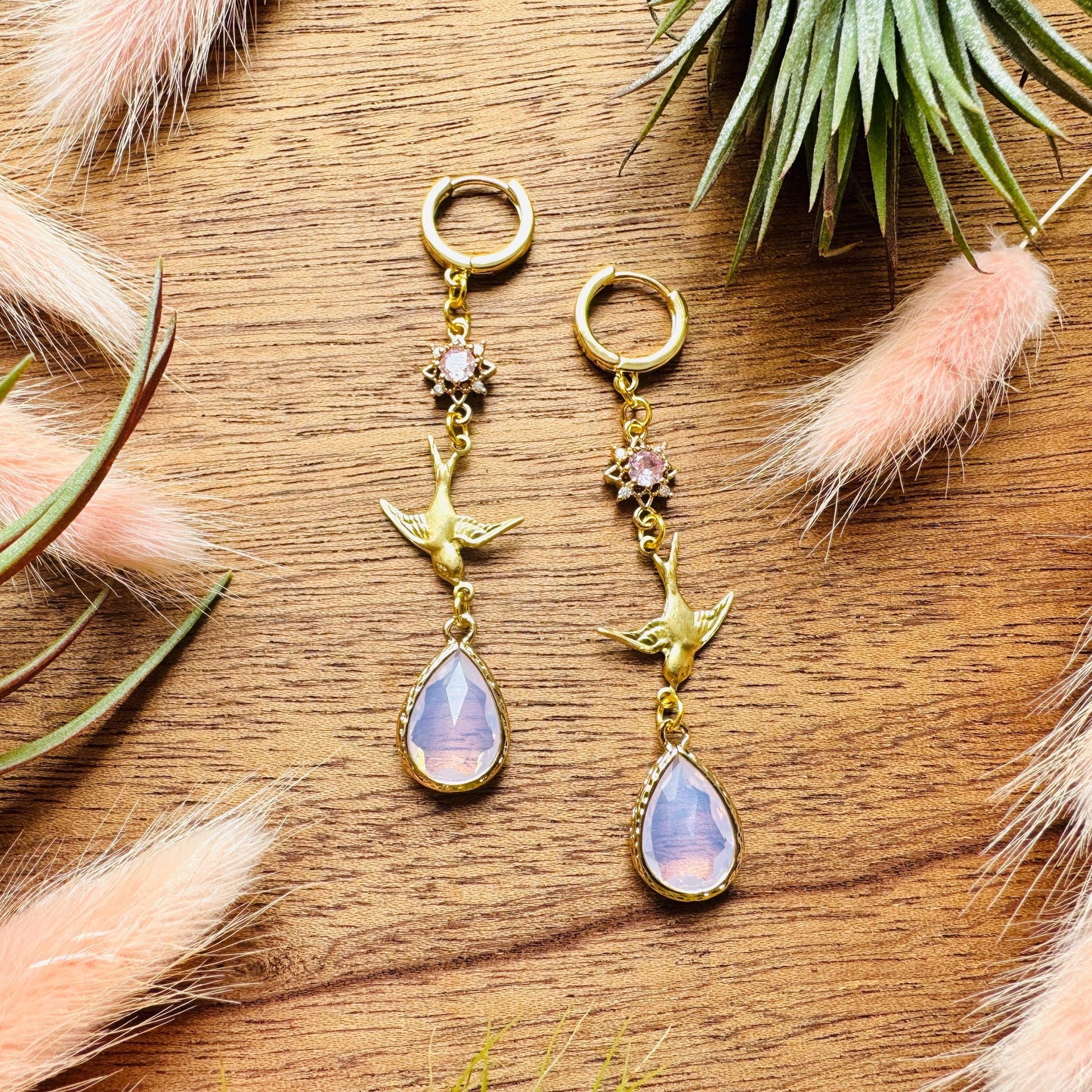 Bird Earrings, Pink Earrings, Fairycore Jewelry Gold, Science Teacher Gift, Bridal Jewelry, Boho Chic Earrings, Galentines Gift for Friends