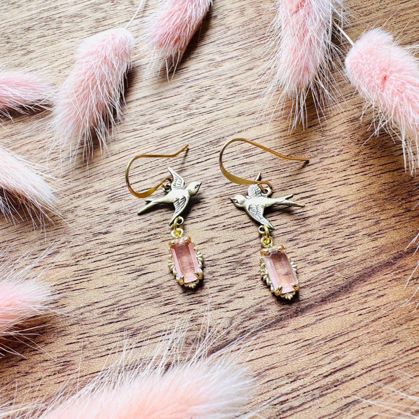 Bird Earrings, Flower Jewelry, Pink Earrings, Fairycore Jewelry Gold, Bridal Jewelry, Boho Chic Earrings, Galentines Gift for Friends
