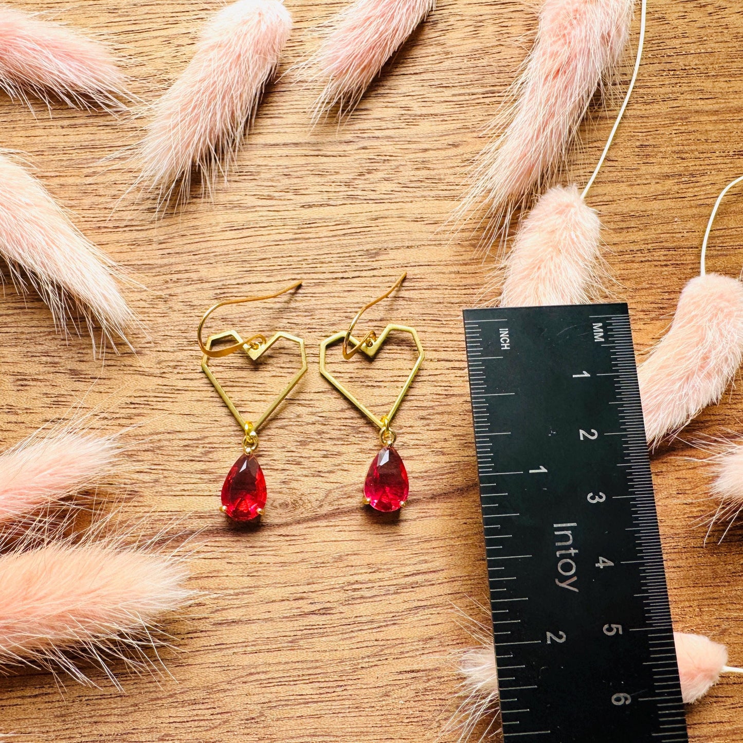 Heart Earrings Gold, Red Earrings, Fairycore, Boho Chic Earrings, Brass Dangle Earrings, Tween Jewelry, Best Friend Valentine’s Day Gift