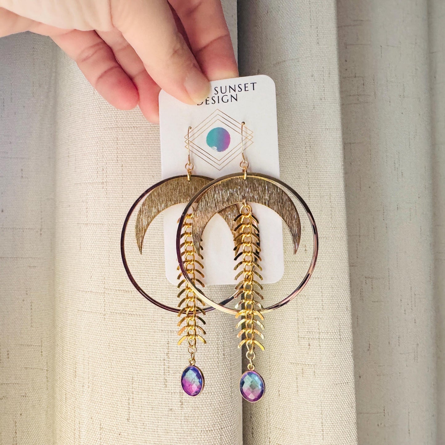 Brass Moon Earrings, Quartz Earrings, Big Hoops, Witchy Earrings, Gold Hoop Earrings for Women, Boho Chic Earrings, Witchy Gifts for Her