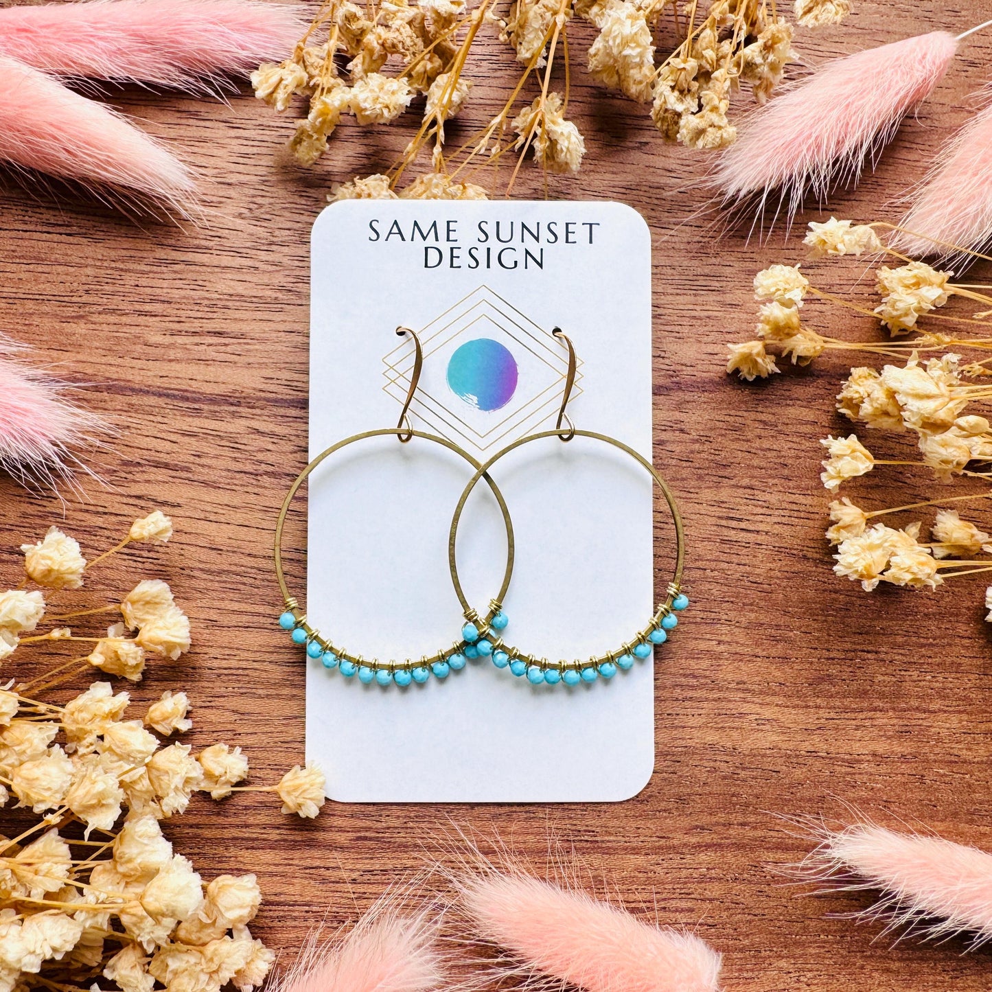 Turquoise Hoop Earrings, Brass Hoops, Gold Hoop Earrings for Women, Boho Chic Earrings, Blue Jewelry, Tween Jewelry, Mothers Day Gift Ideas