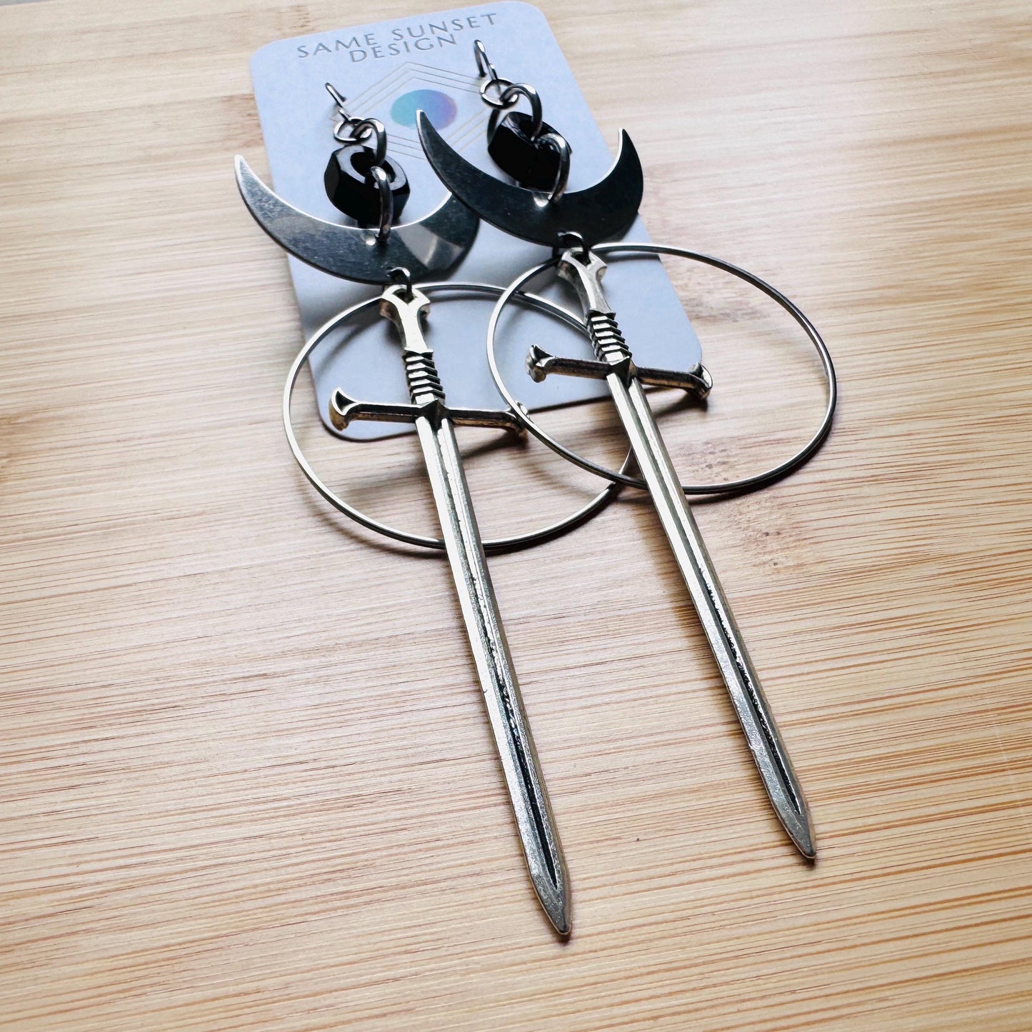Sword Earrings, Goth Earrings, Moon Earrings Dangle, Punk Earrings, Silver Hoop Earrings, Whimsigoth Earrings, Industrial Earrings