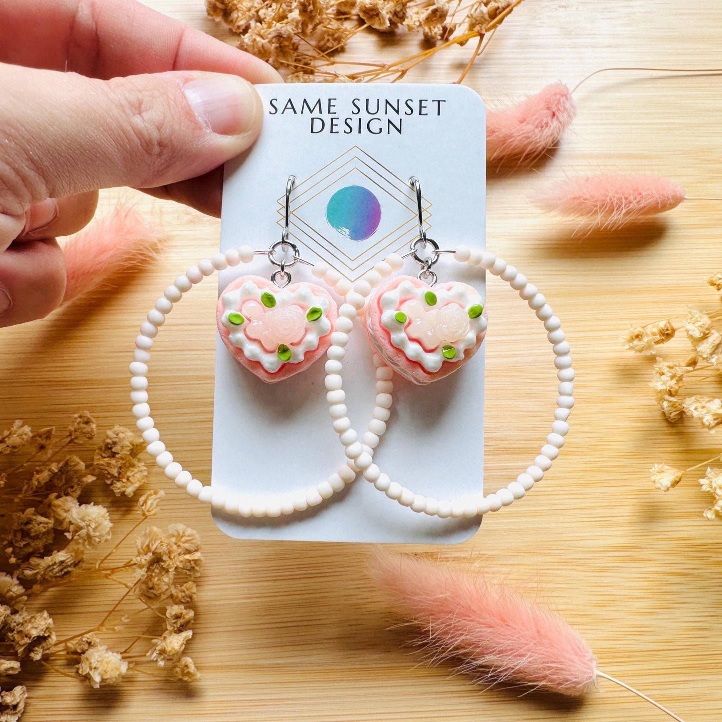 Cake Earrings Pink, Beaded Hoop Earrings, Cottagecore Jewelry, Kawaii Earrings, Food Earring Cute, Unique Birthday Gift for Best Friend
