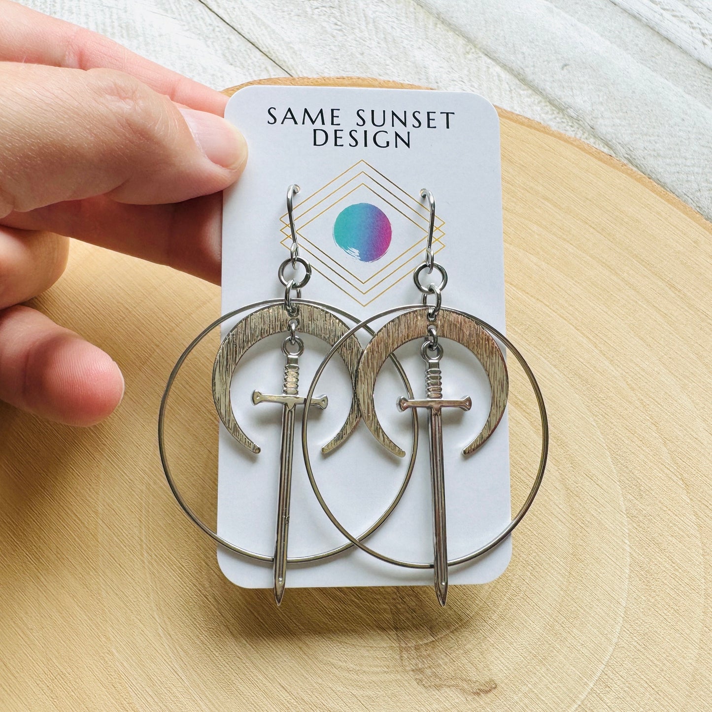 Stainless Steel Sword Moon Hoop Earrings
