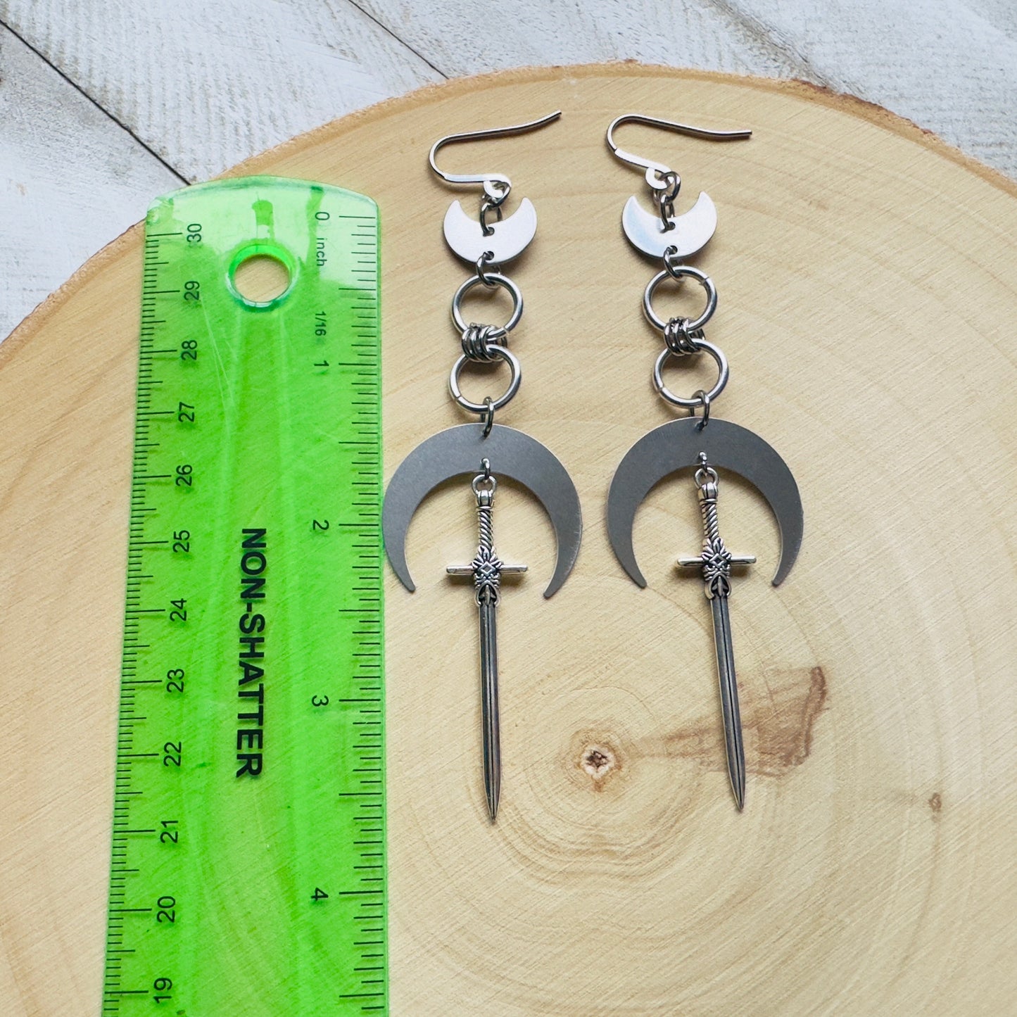 Silver Sword Moon Earrings