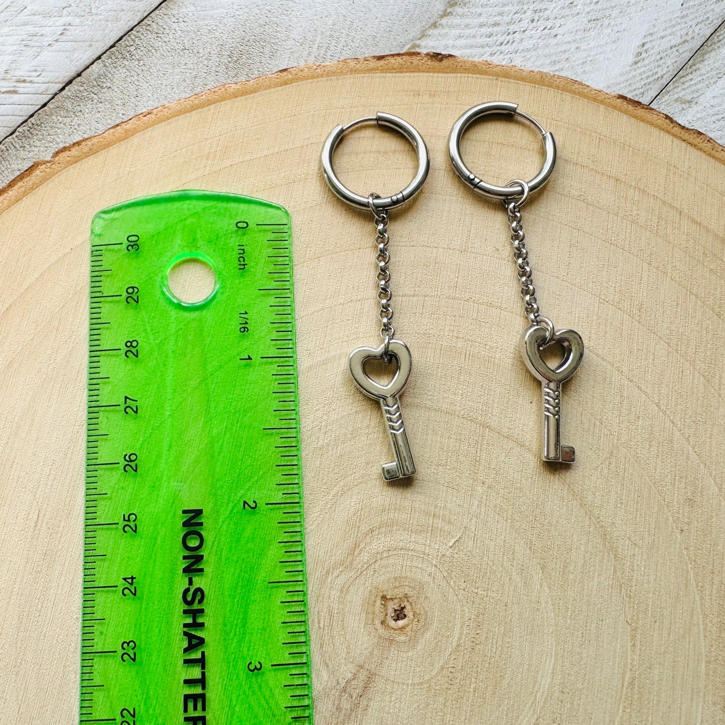 Silver Heart Key Huggie Hoop Earrings