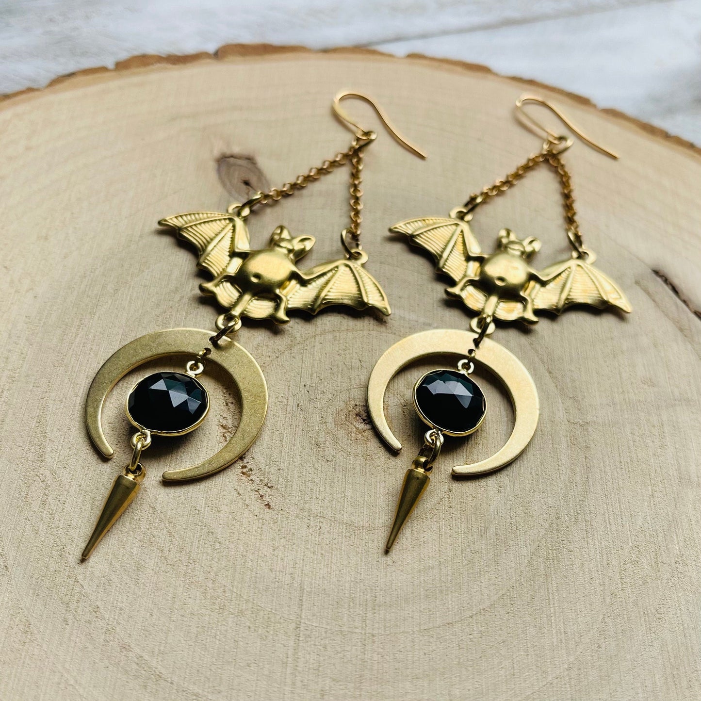 Onyx Bat Moon Earrings