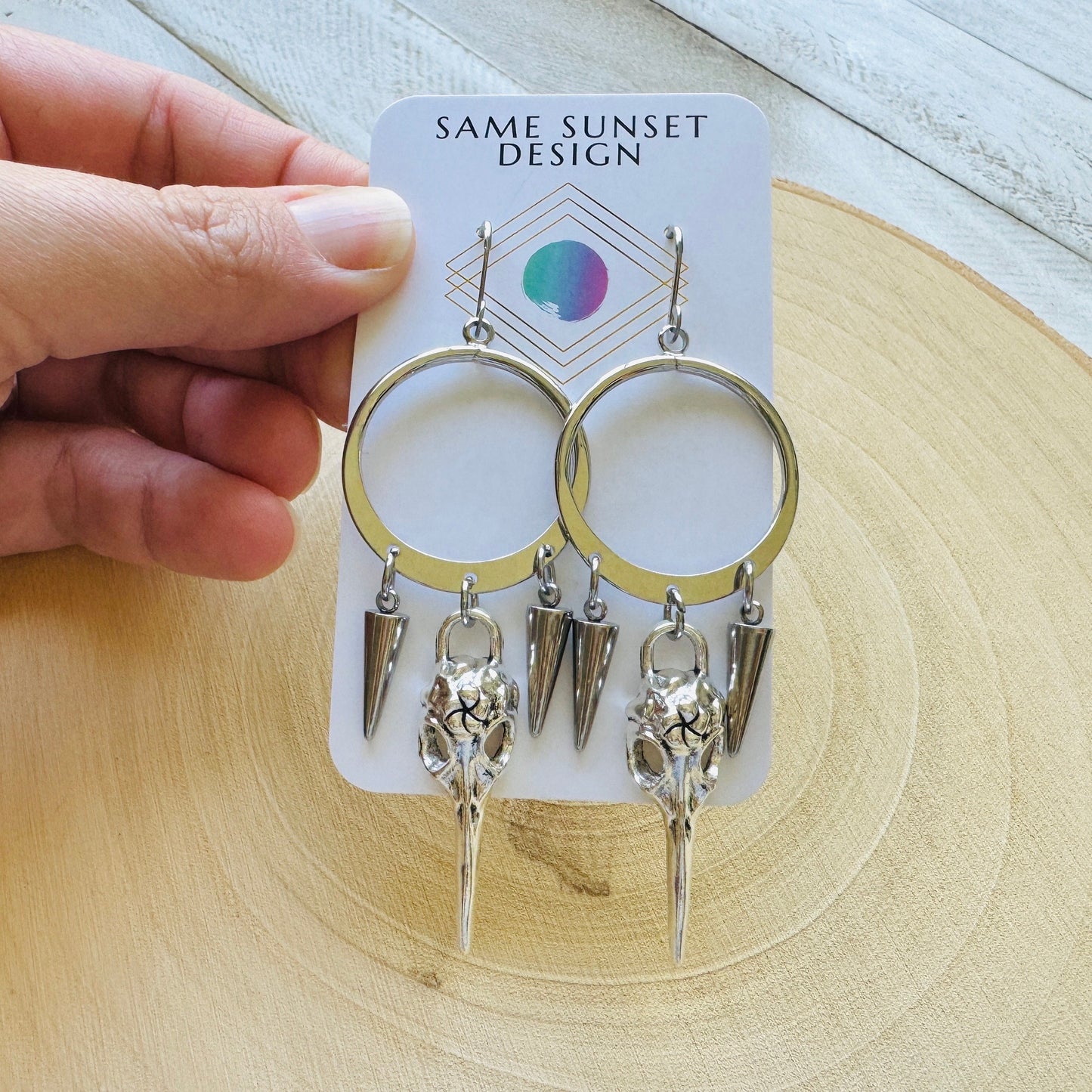 Silver Hoop Bird Skull Earrings