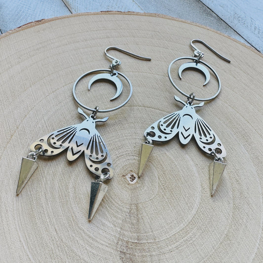 Silver Moth Moon Earrings