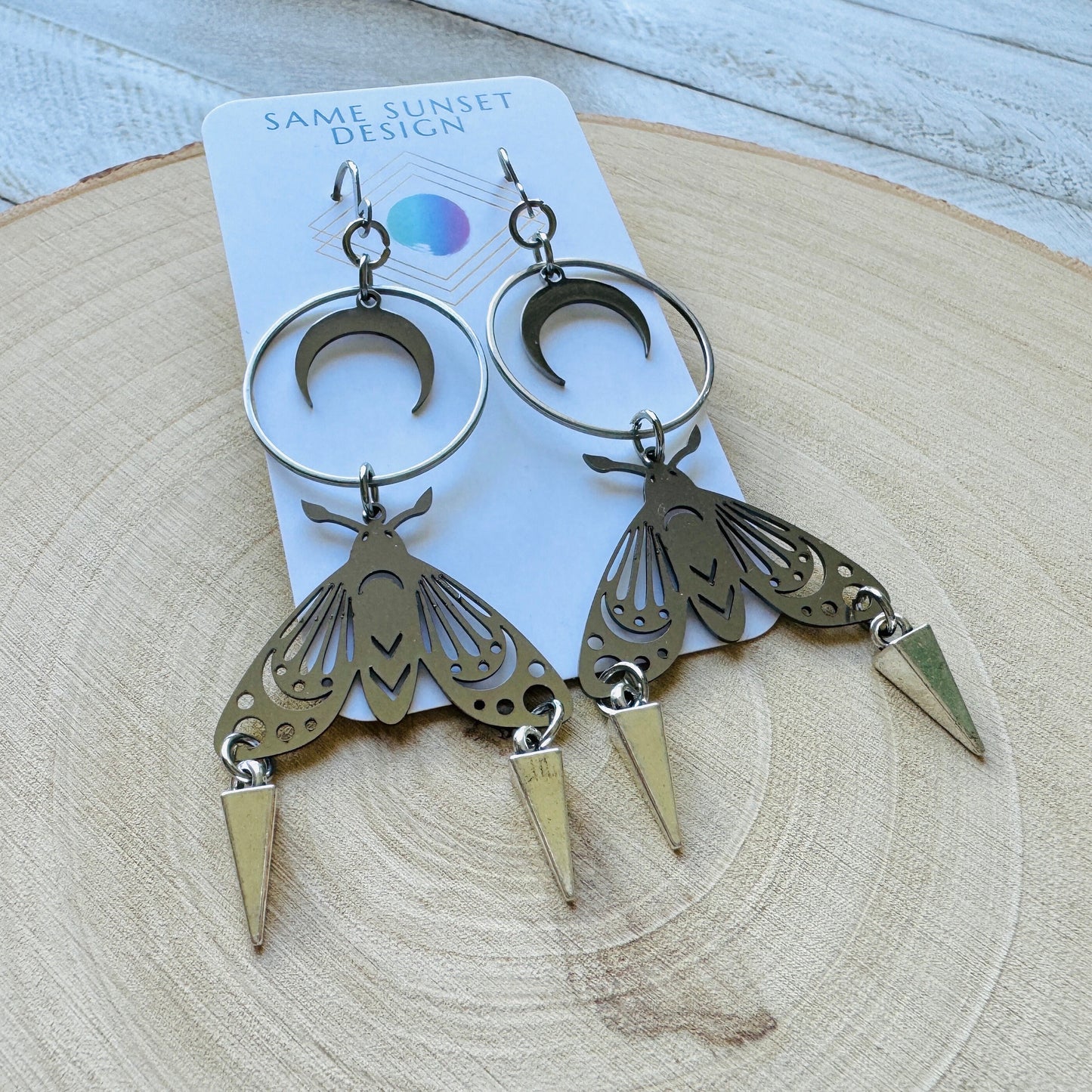 Silver Moth Moon Earrings