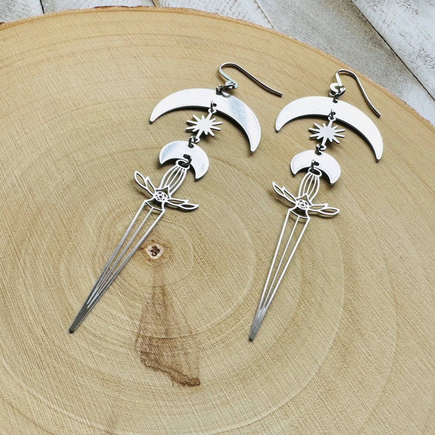 Silver Sword Moon Earrings