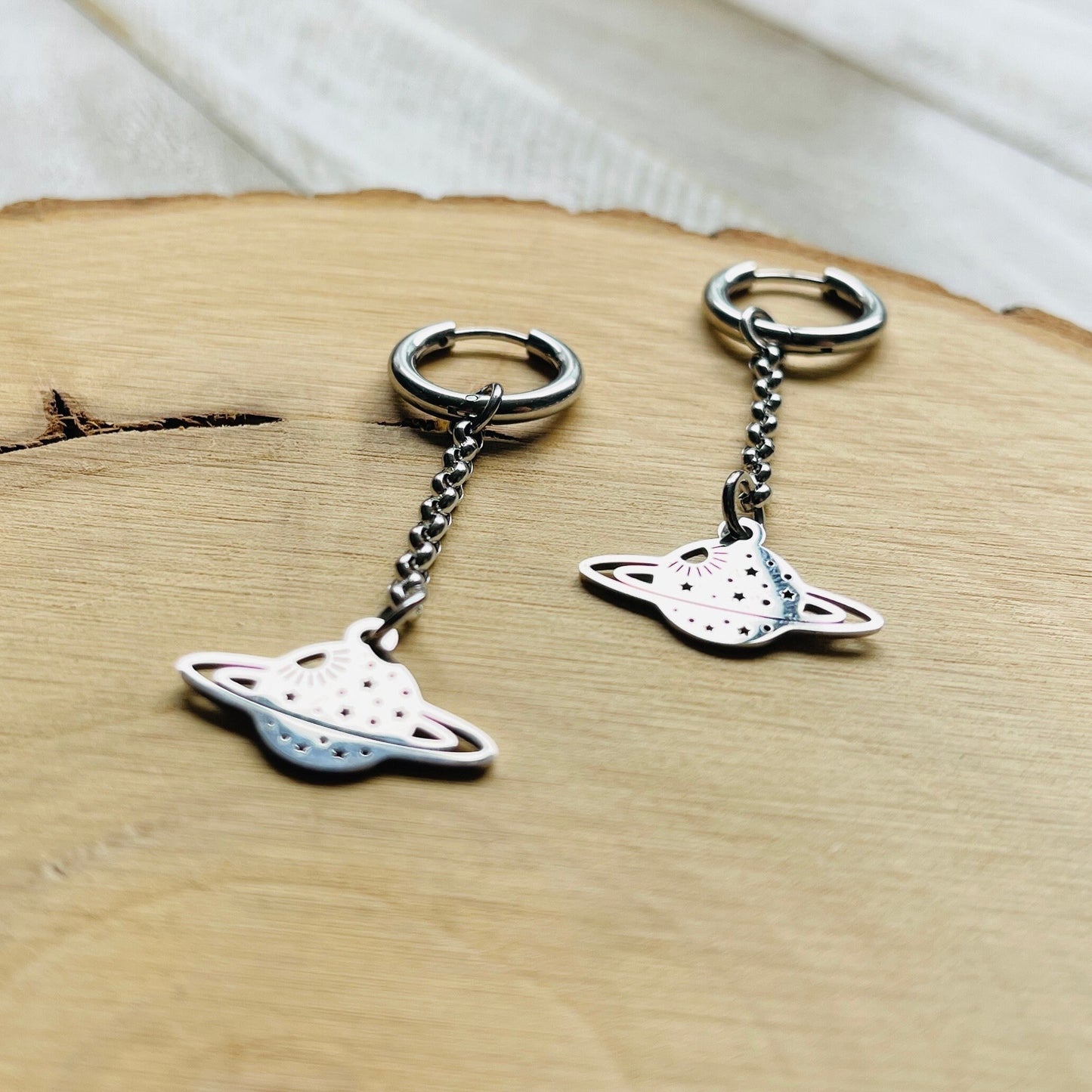 Stainless Steel Saturn Planet Huggie Hoop Earrings