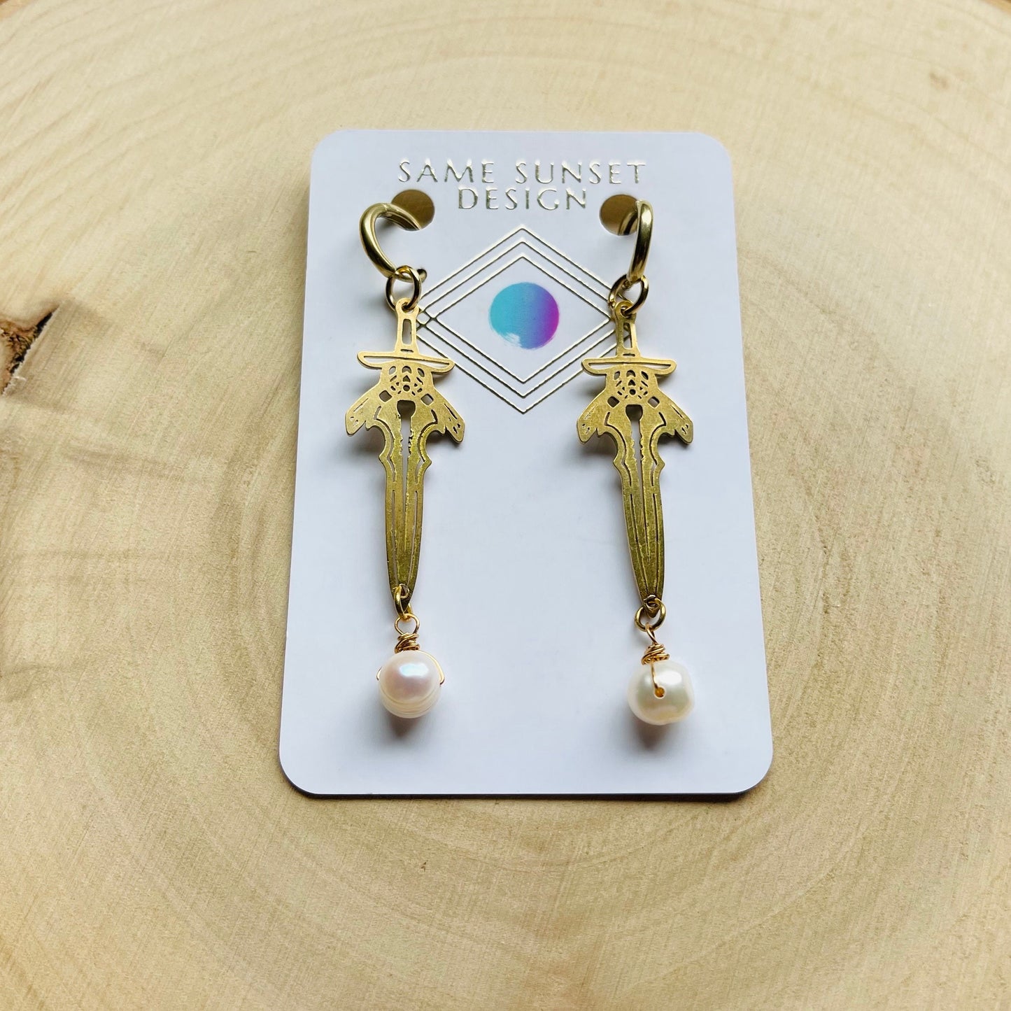 Pearl Sword Huggie Hoop Earrings