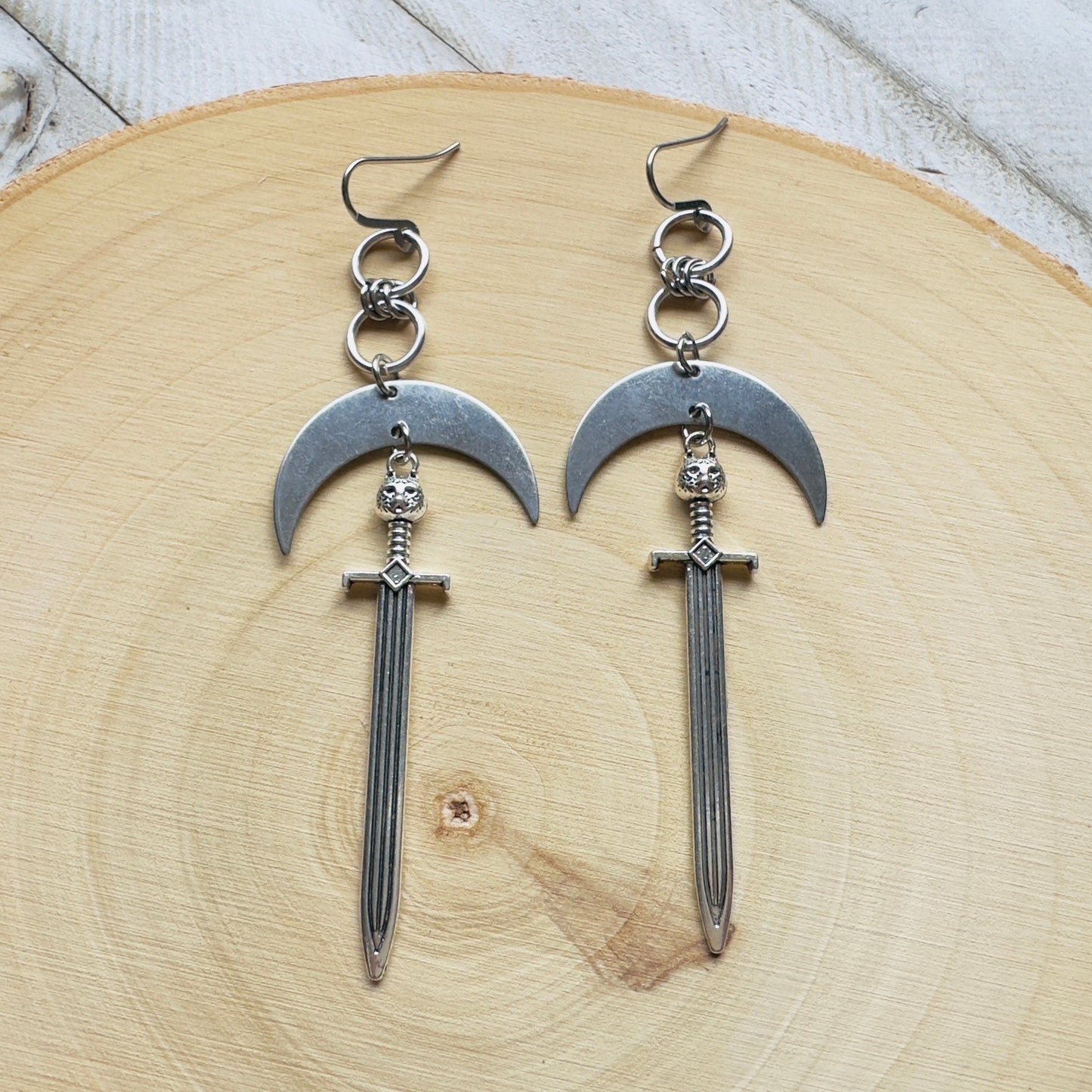 Silver Sword Moon Earrings