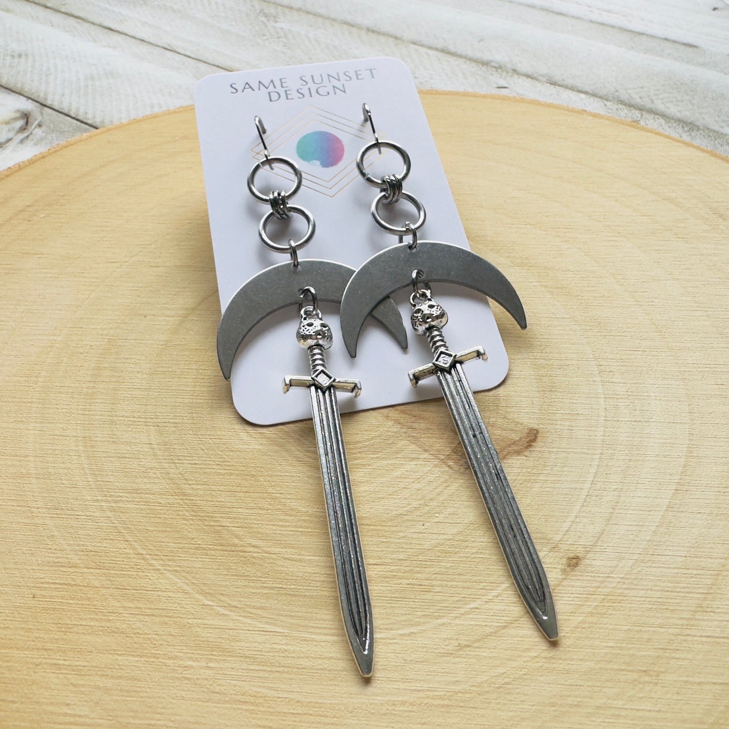 Silver Sword Moon Earrings