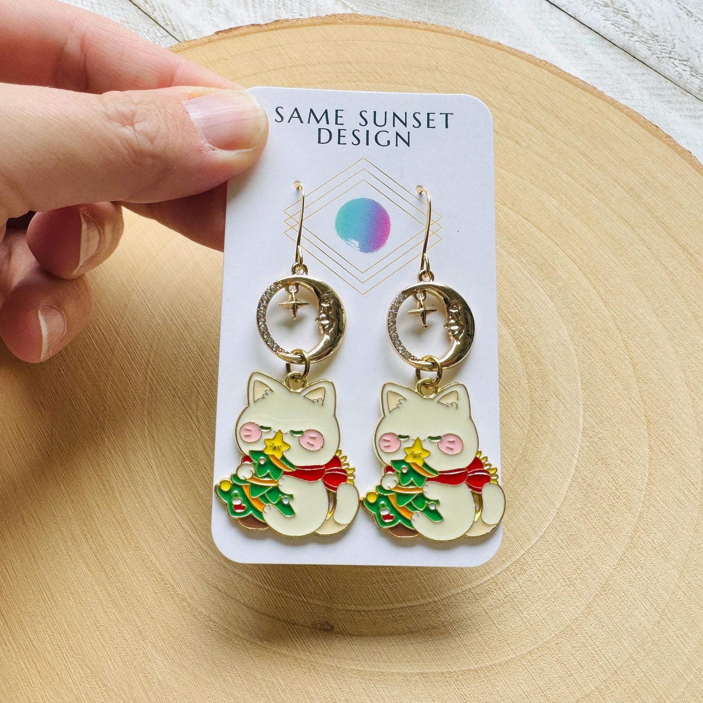 Christmas Cat Moon Earrings