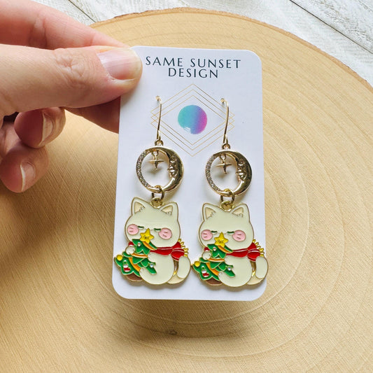 Christmas Cat Moon Earrings