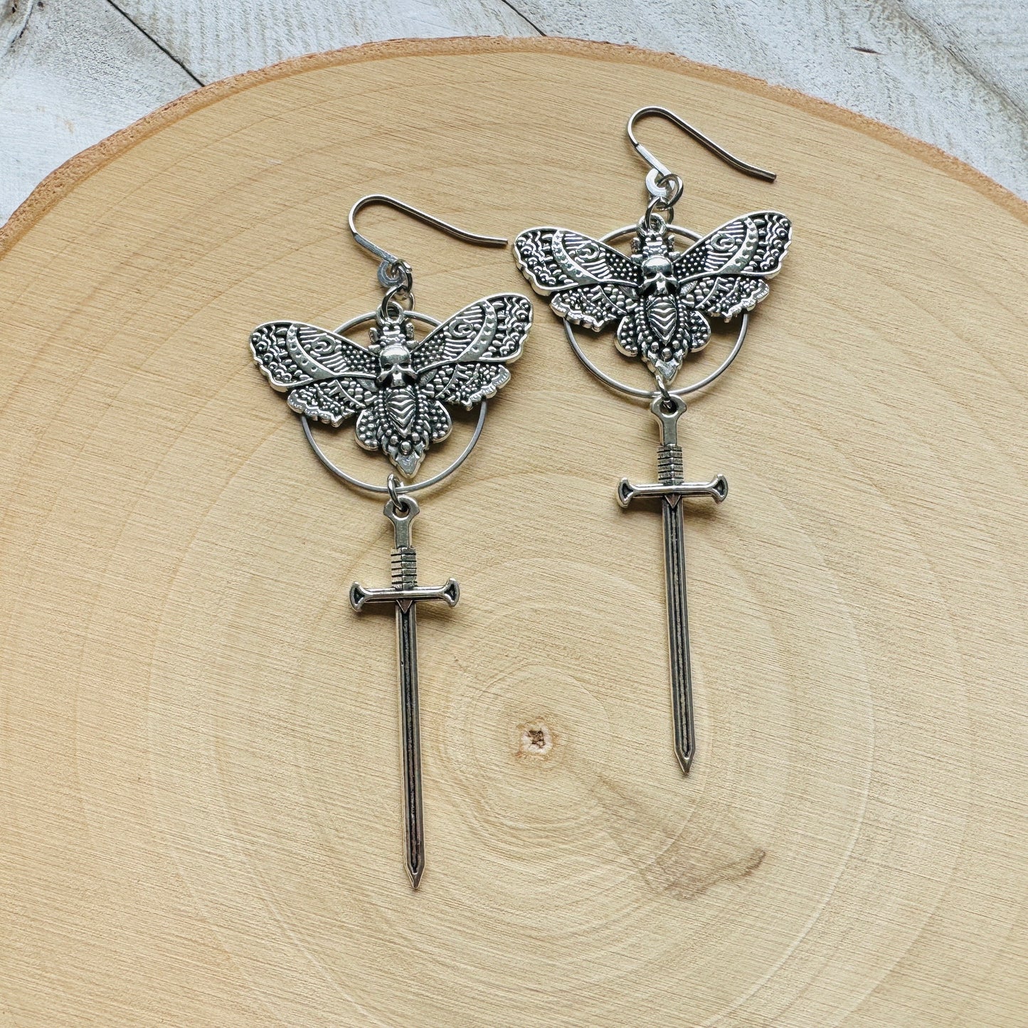 Silver Moth Sword Earrings
