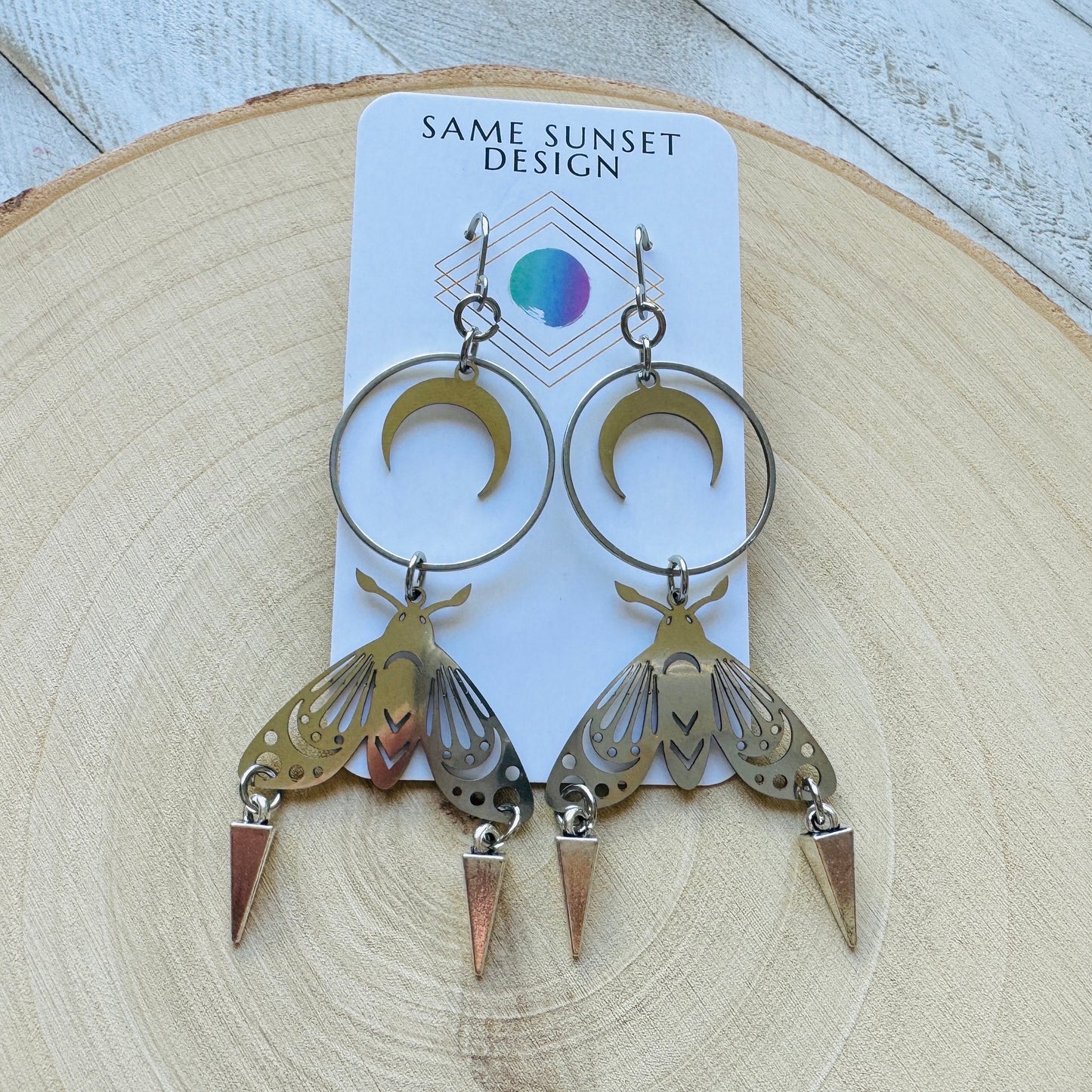 Silver Moth Moon Earrings