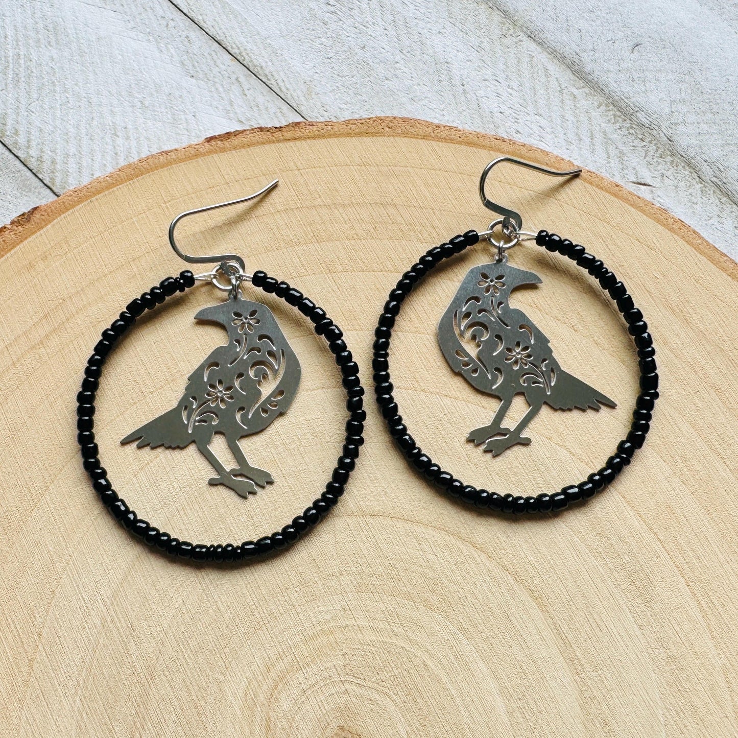 Raven Seed Bead Hoop Earrings