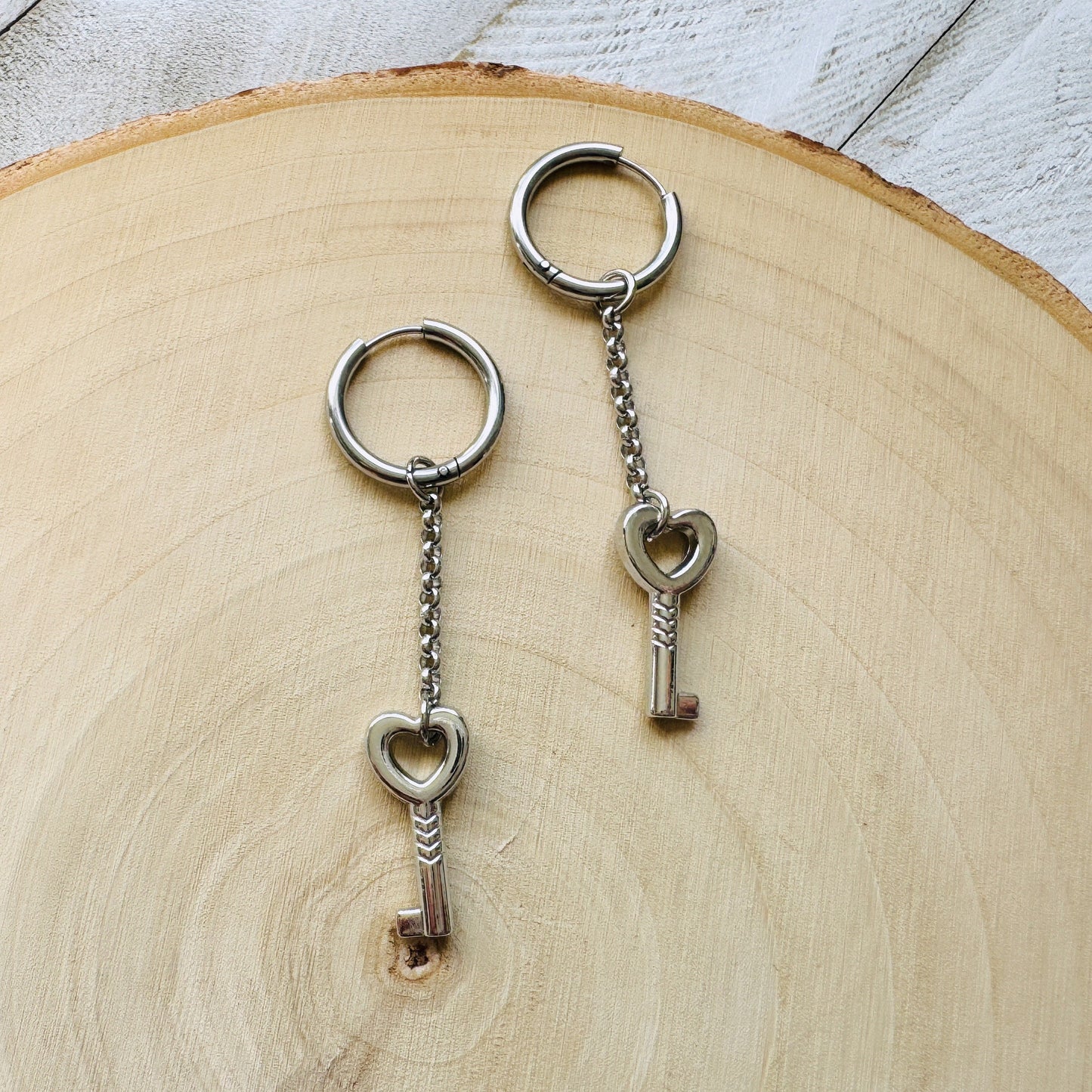 Silver Heart Key Huggie Hoop Earrings